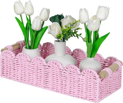 CubesLand Scalloped Edge Gift Basket - Small Pink Woven Storage Basket with Wooden Handles