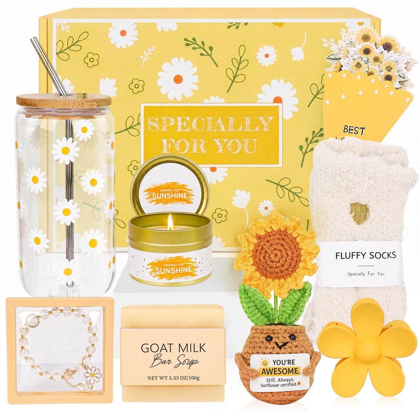 Sunshine Gifts for Teen Girls, Teen Girl Gifts Trendy Stuff, Teenage Girl Gift Baskets, Birthday Gift for Teenage, Cheer Up Set Pick Me Up Box for Woman, Daughter, Sister, Her, Best Friend (Yellow)
