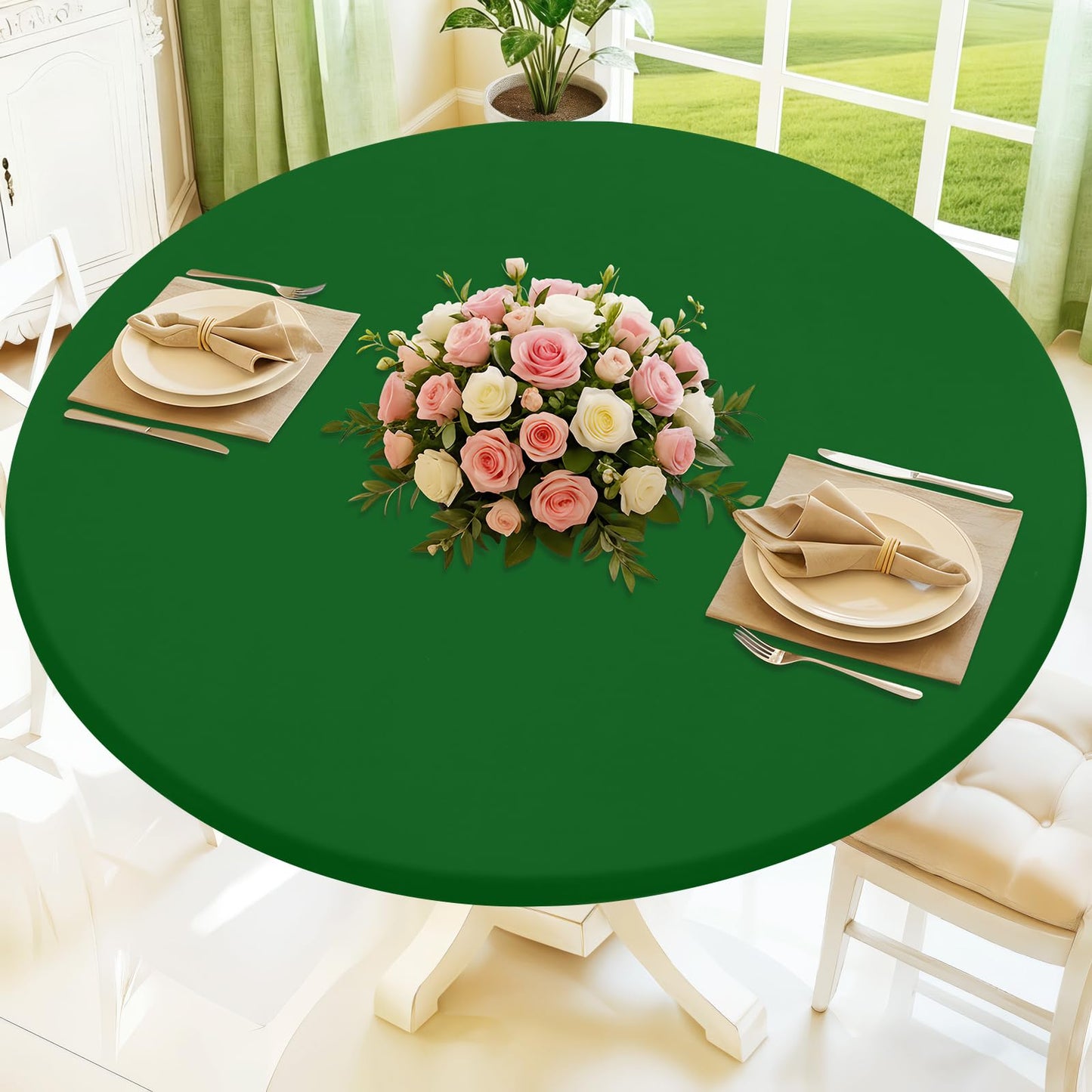 Moosfor Round Spandex Tablecloth, Elastic Fitted Waterproof Tablecloths for 42"-50" Tables, Stretch Washable Picnic Table Cover for Camping, Dining, Indoor and Outdoor, Emerald Green