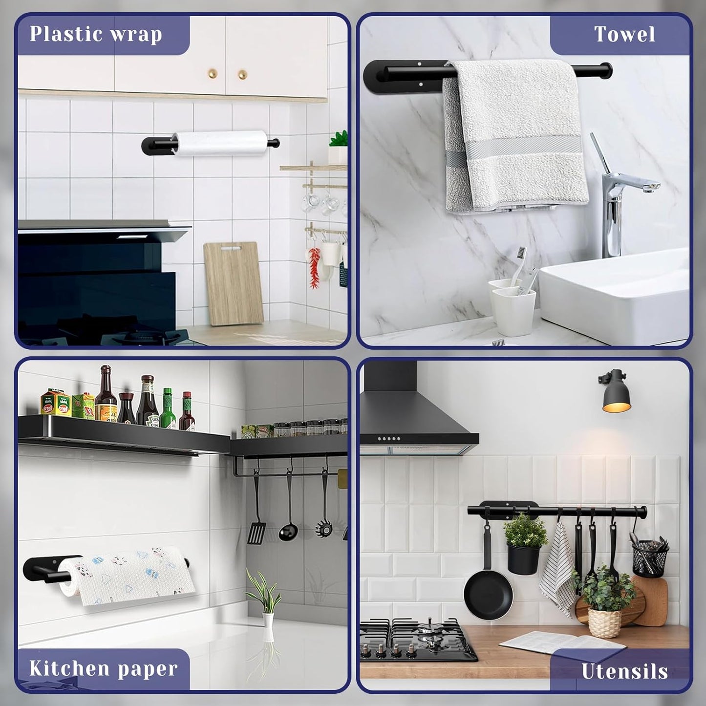 Stainless Steel Black Paper Towel Holder by [Brand Name] - Self-Adhesive or Drilling | Under Cabinet Wall Mount for Kitchen & Bathroom
