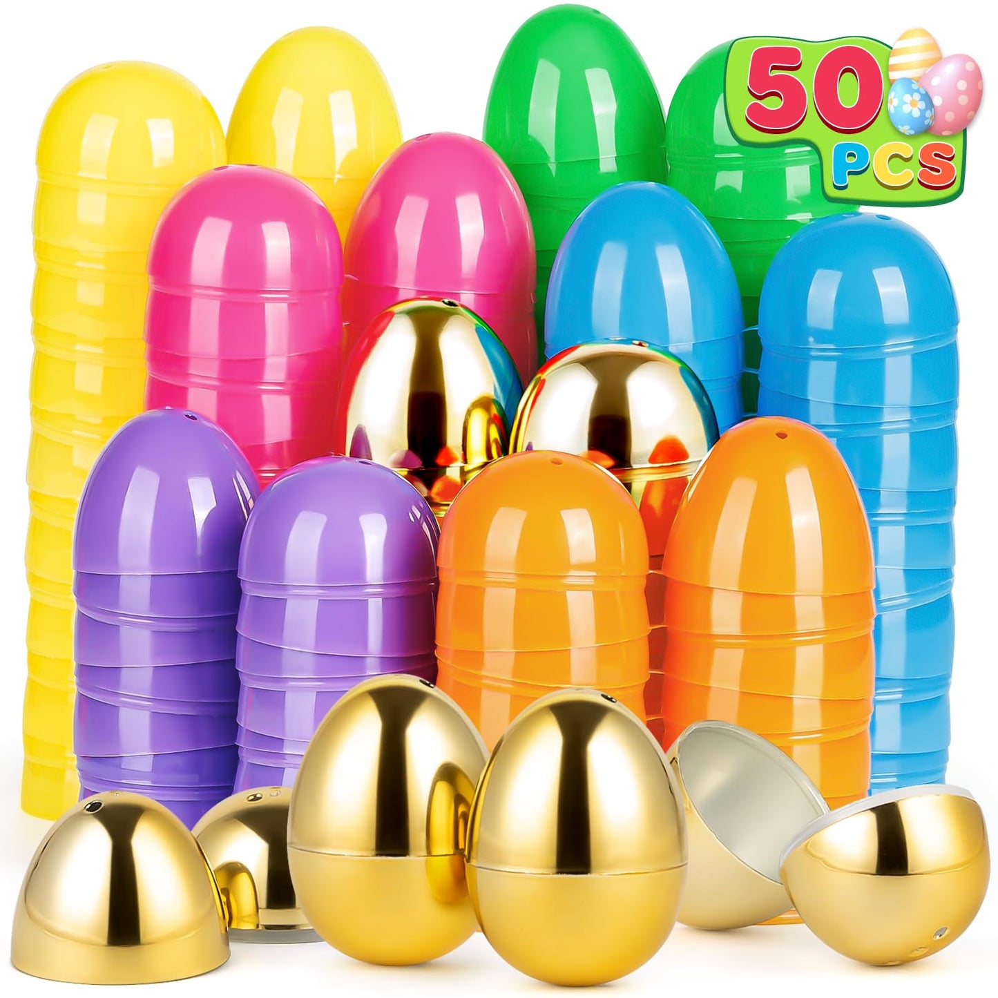 Birebebys 50 PCS 2.4"" Plastic Easter Eggs, 42 Pcs Empty Easter Eggs with 8 Golden Eggs, Fillable Egg with Hinge for Easter Hunt, Basket Stuffers, Classroom Prizes, Party Favors Supplies