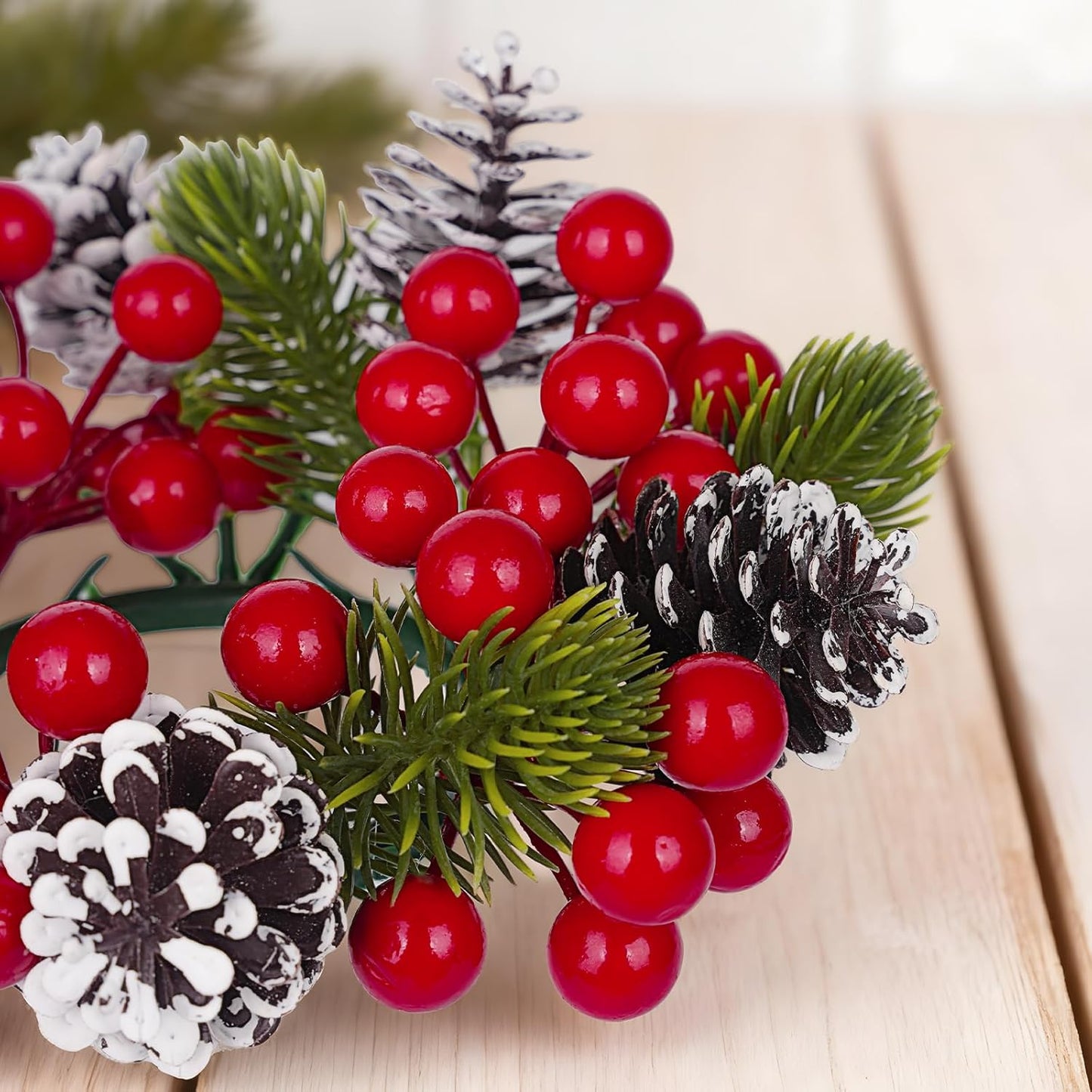 Regine Switzerland Christmas Candle Ring Set - 6 Pcs with Pine Cones, Red Berries & Green Leaves for Pillar Candle Holders | Festive Table Centerpiece Decor