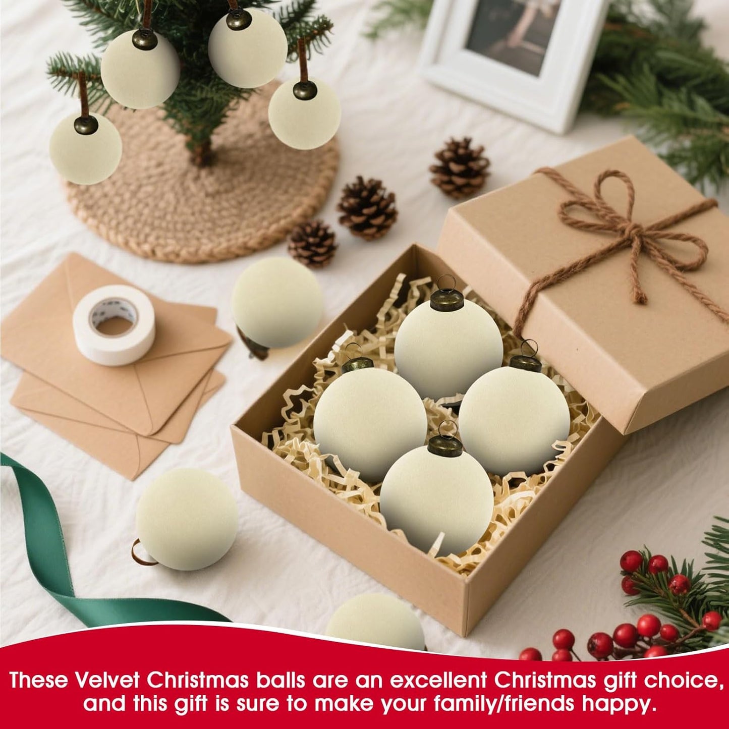 Skiennix Velvet Christmas Balls - 15 Pcs Shatterproof Ornaments | 3.15" Cream White Flocked Decor