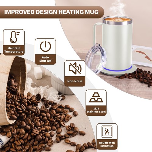 DEQIANG Self Heating Coffee Mug, Heated Coffee Mug with Smart Mug Warmer & Ergonomic Handle, Auto Heat to 131°F, USB-Powered Desk Warmer for Office Home Use, Ideal Coffee Lovers Gift (17oz White)