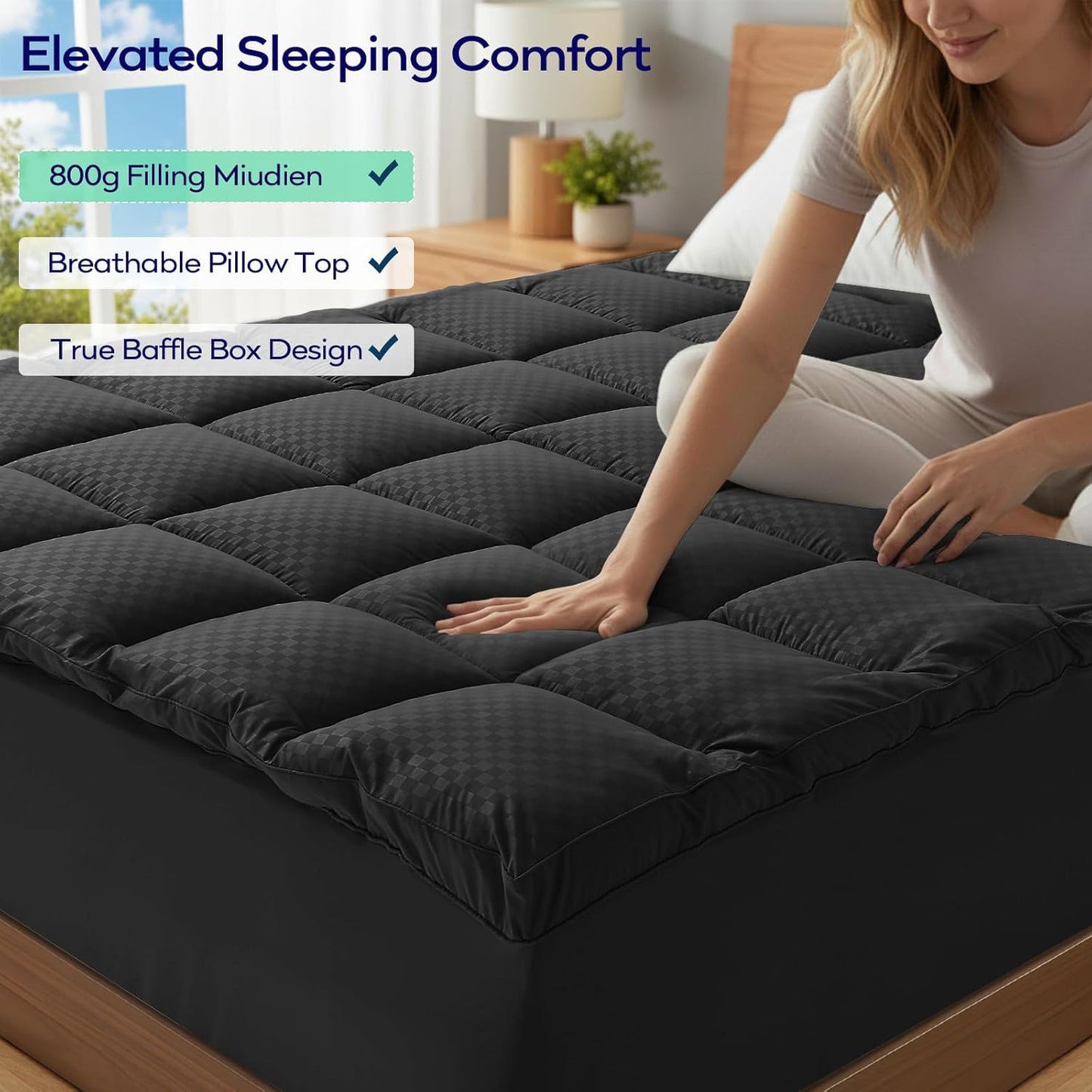 OLANLY Memory Foam Mattress Topper - 4 Inch Queen Size with Cooling Pillow Top & Gel Layer - Black
