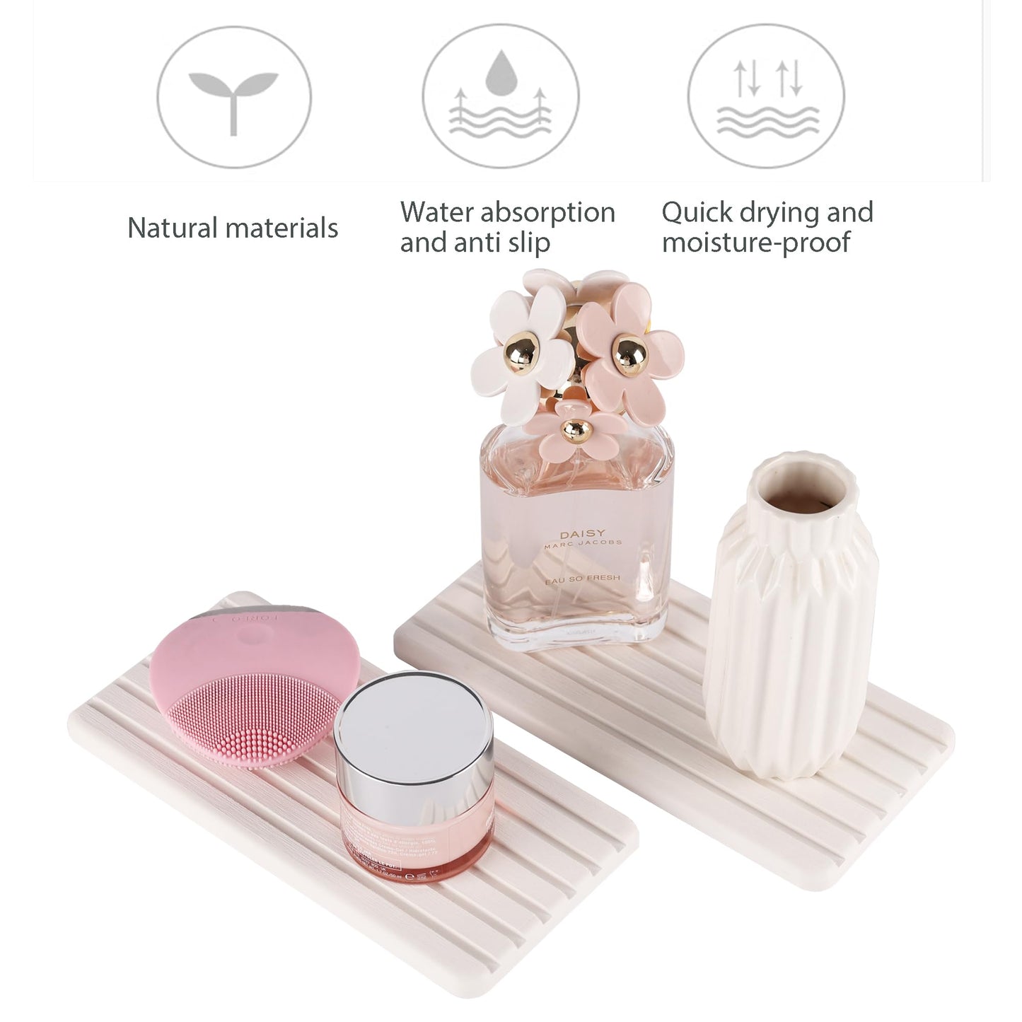 NiuYichee 2 PCS Water Absorbent diatomite Coasters, 8.3" x 4" Water Absorbing Stone Tray for Sink, Stone Drying mat for Kitchen Counter, Stone soap Tray Used for Hand Soaps & toiletries & Plants