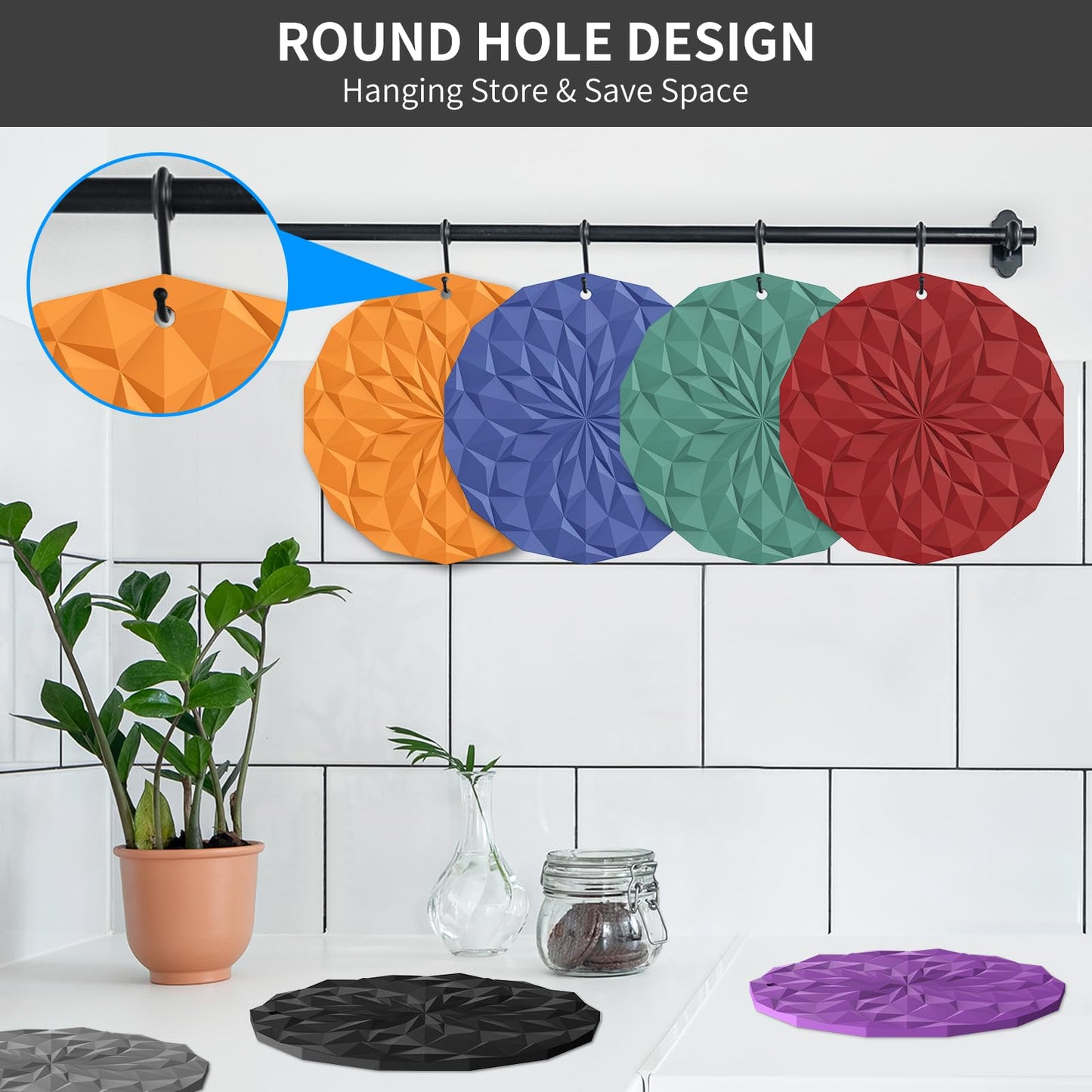 ME.FAN Silicone Trivet Mats - 4 Pack Pot Holders - 7.4'' Thickened Hot Pads for Hot pots, Pans and Dishes, Heat Resistant Silicone Trivet for Table and Counter Top Black