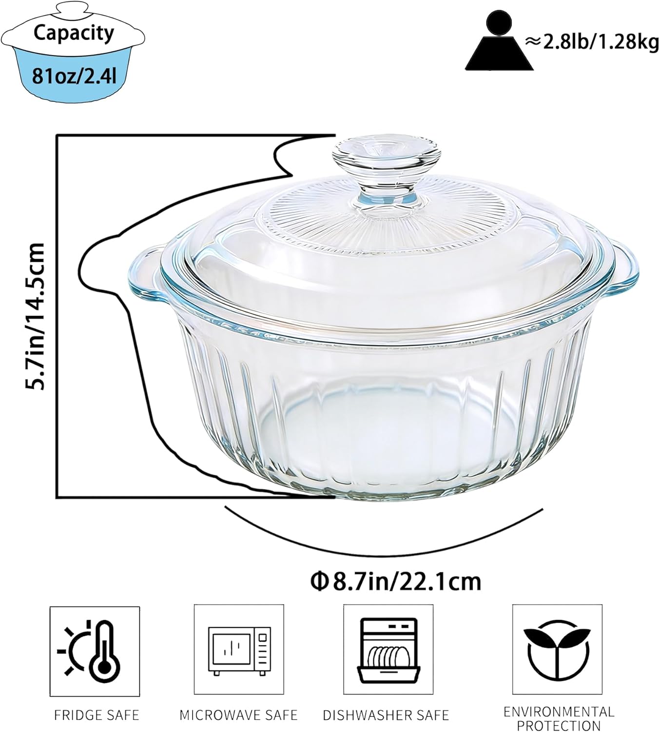 Round Glass Casserole Dish With Lid - 2.4QT Borosilicate Oven Safe Cookware - Clear Baking & Serving Dish