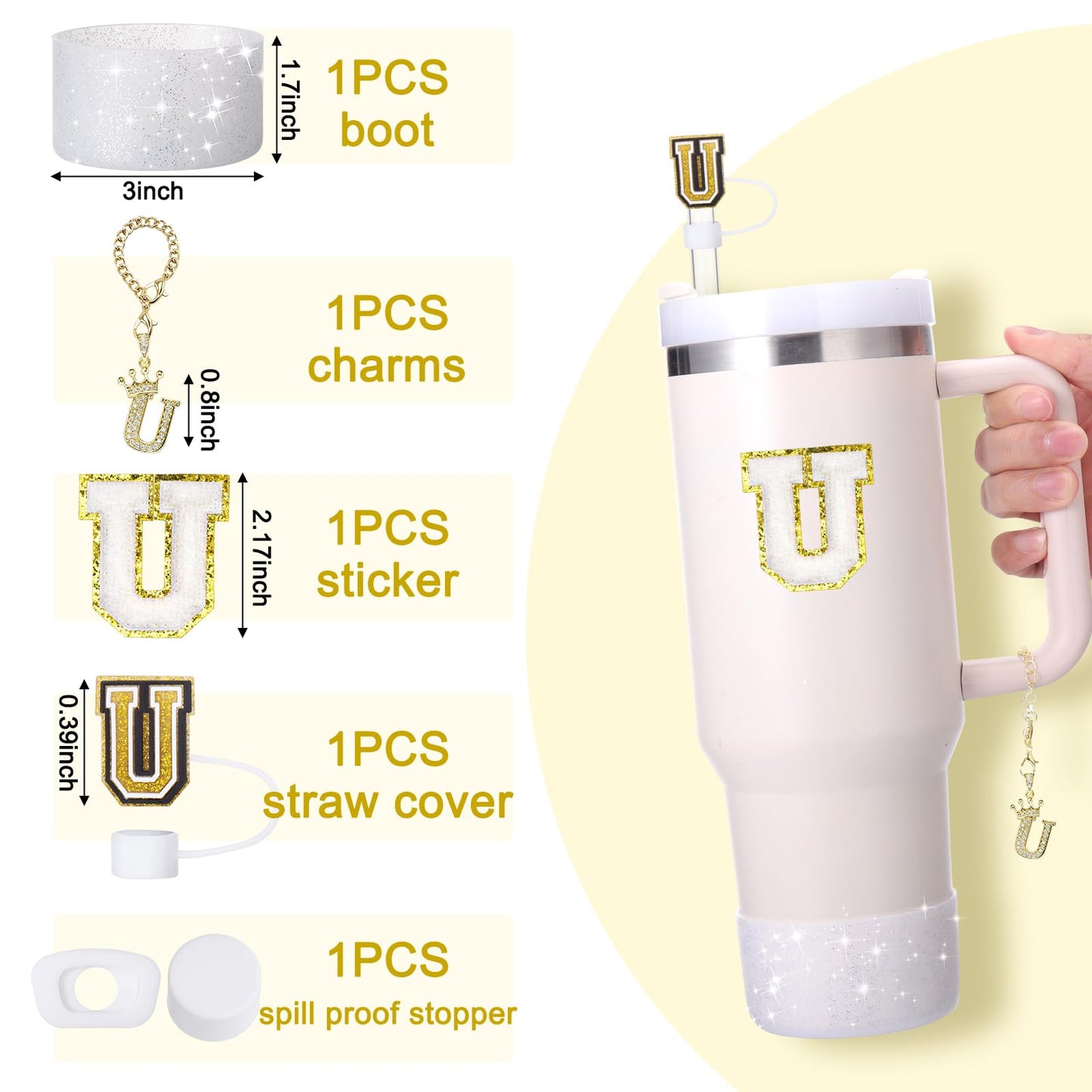 Mity Rain 6-Piece Cup Accessory Set for Stanley 30 oz & 40 oz Tumbler with Handle, Including Straw Cover Cap, Initials Charm, Silicone Boot, Spill-Proof Stopper, Letter U