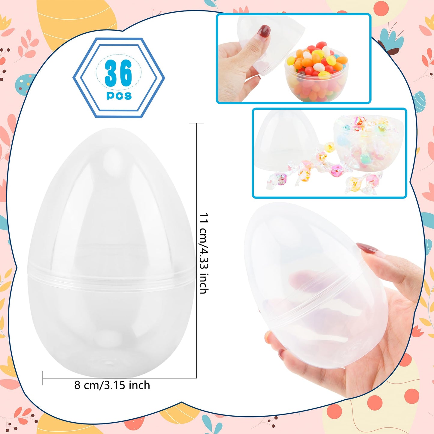 36 Pcs 6 Inch/ 5 Inch/ 4.5 Inch Jumbo Plastic Clear Easter Egg Fillable Large Plastic Eggs Transparent Bulk for Adult Kids Easter Egg Hunt Suprise Busket Stuffers Easter Party Supplies