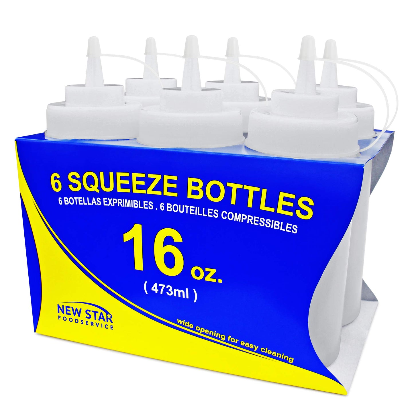 New Star Foodservice 16 oz Clear Squeeze Bottle, Wide Mouth, Pack of 6
