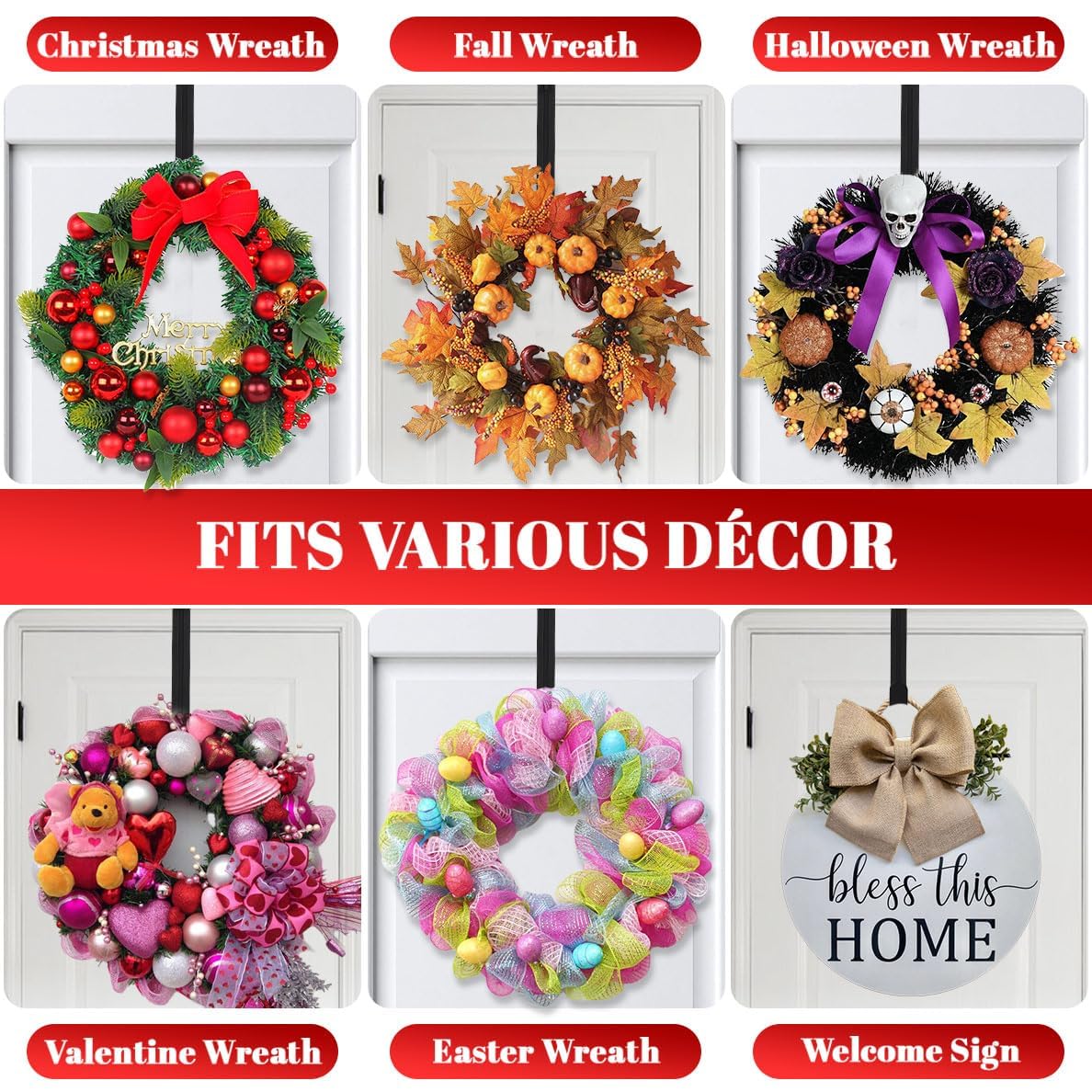 Metal Wreath Hanger for Front Door, Adjustable Wreath Hanger from 12-20", Single Hook, Heavy Duty, Holds up to 20 lbs, Over-the-Door Hook for Hanging Easter, Halloween, Fall, Christmas Decorations