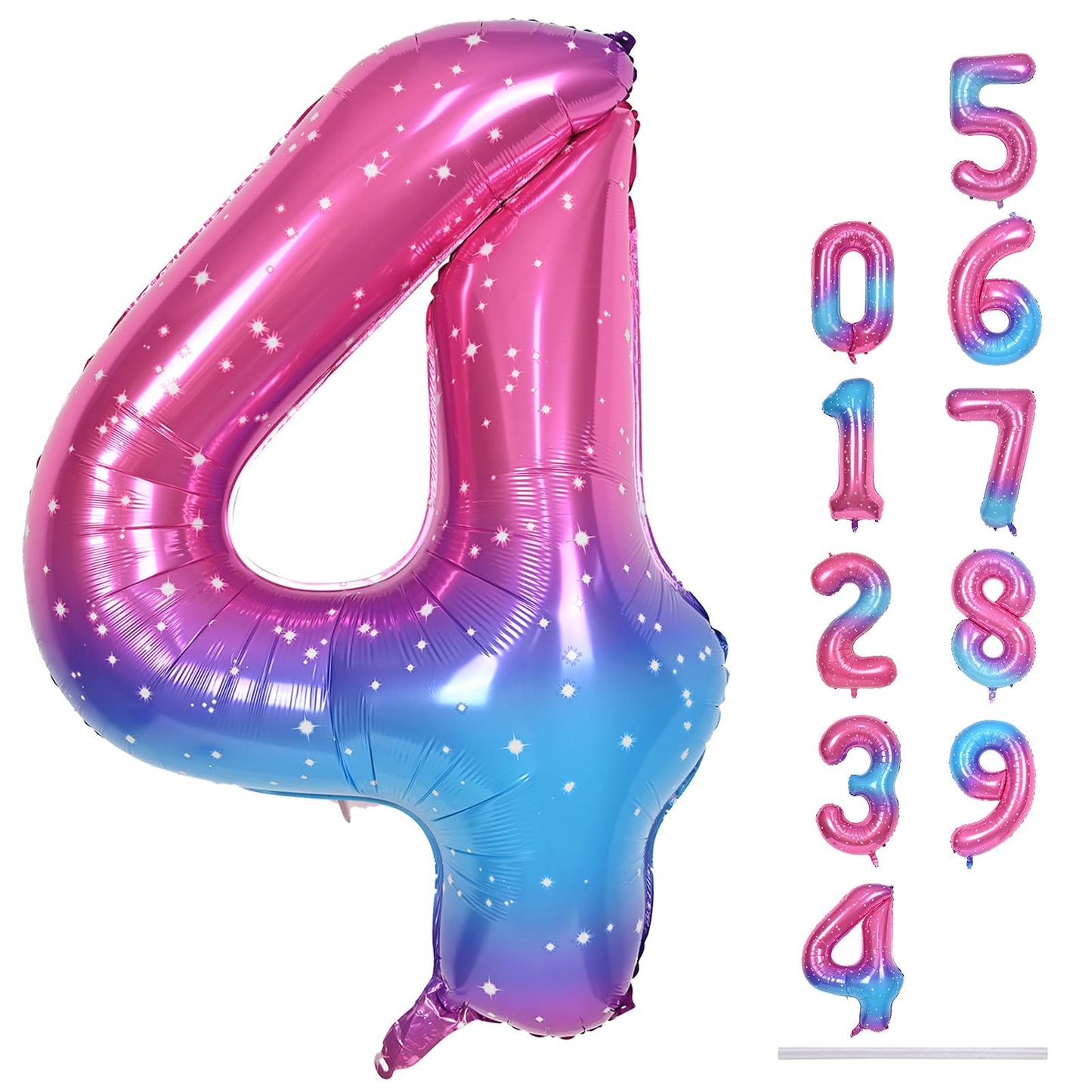 Gradient Rainbow 4 Balloons, 40 Inch Large Blue Pink Purple Foil Number Balloons Set 0-9, Self Inflating Starry Digital 4 Helium Balloon for Girls Women Birthday Anniversary Party Decorations Supplies