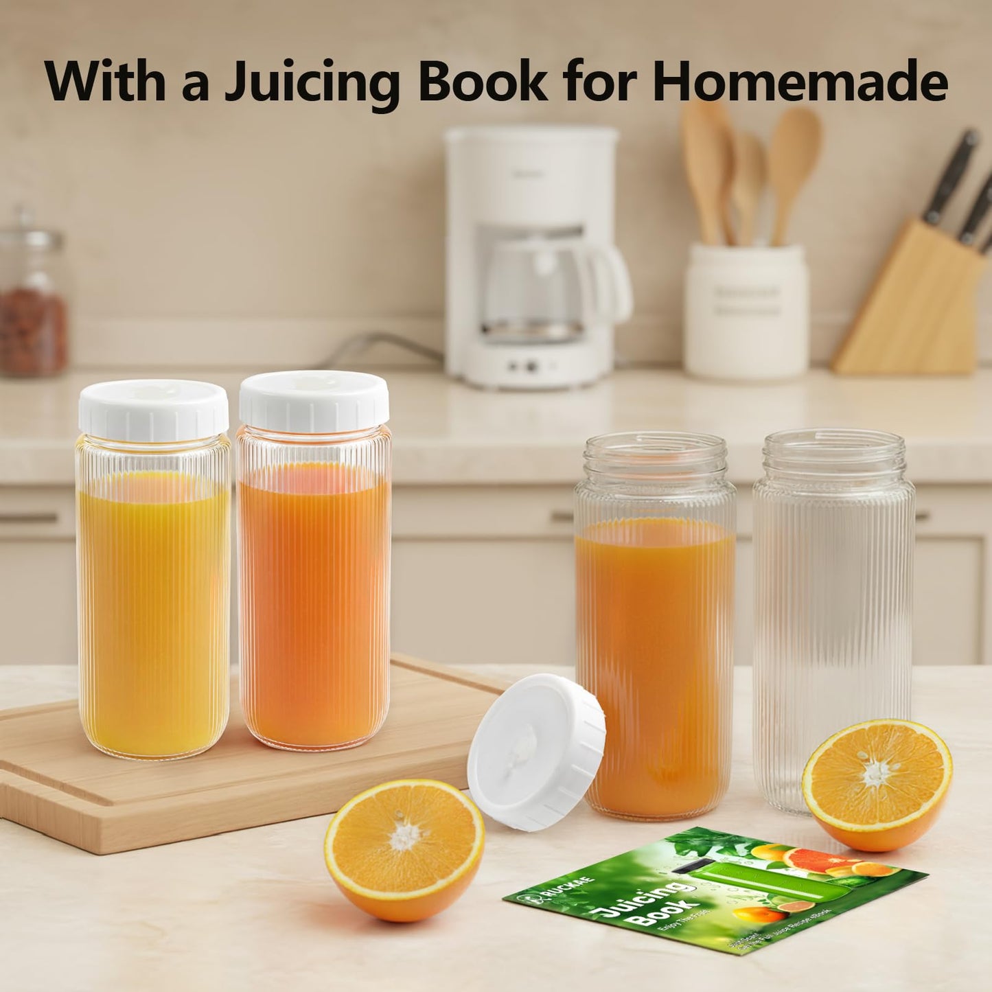 Ruckae 16oz Juice Bottles,Ribbed Glass Juicing Bottles with Lids,Smoothie Cup Lids and Straws,Water Bottle Mason Jar Drinking Glasses for Juicing,Smoothies,Kombucha (Clear-10 pack)
