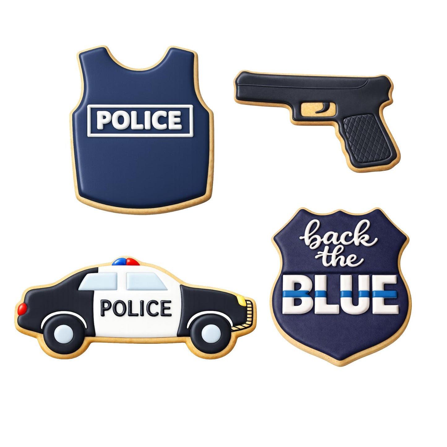 Foose Cookie Cutters Police 4 Piece Set - 4.25 in Police Badge, 4 in Police Car, 4 in Hand Gun, 3.5 in Bullet Proof Vest, Hand Made in the USA