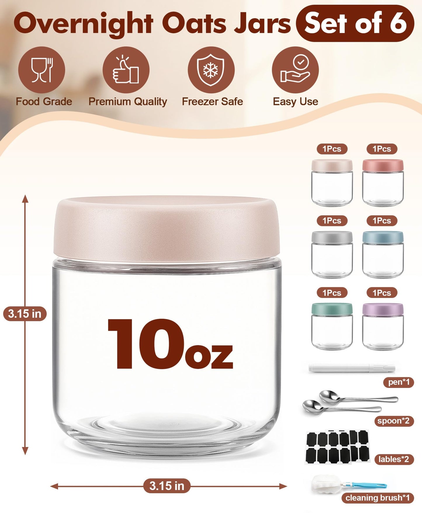 6 pack 10 oz Overnight Oats Containers with Lids and Spoons Glass Jars with Airtight Lids: Wide Mouth Mason Salad Jars, Leakproof and Reusable Glass Food Storage Container for Yogurt Snacks Spice