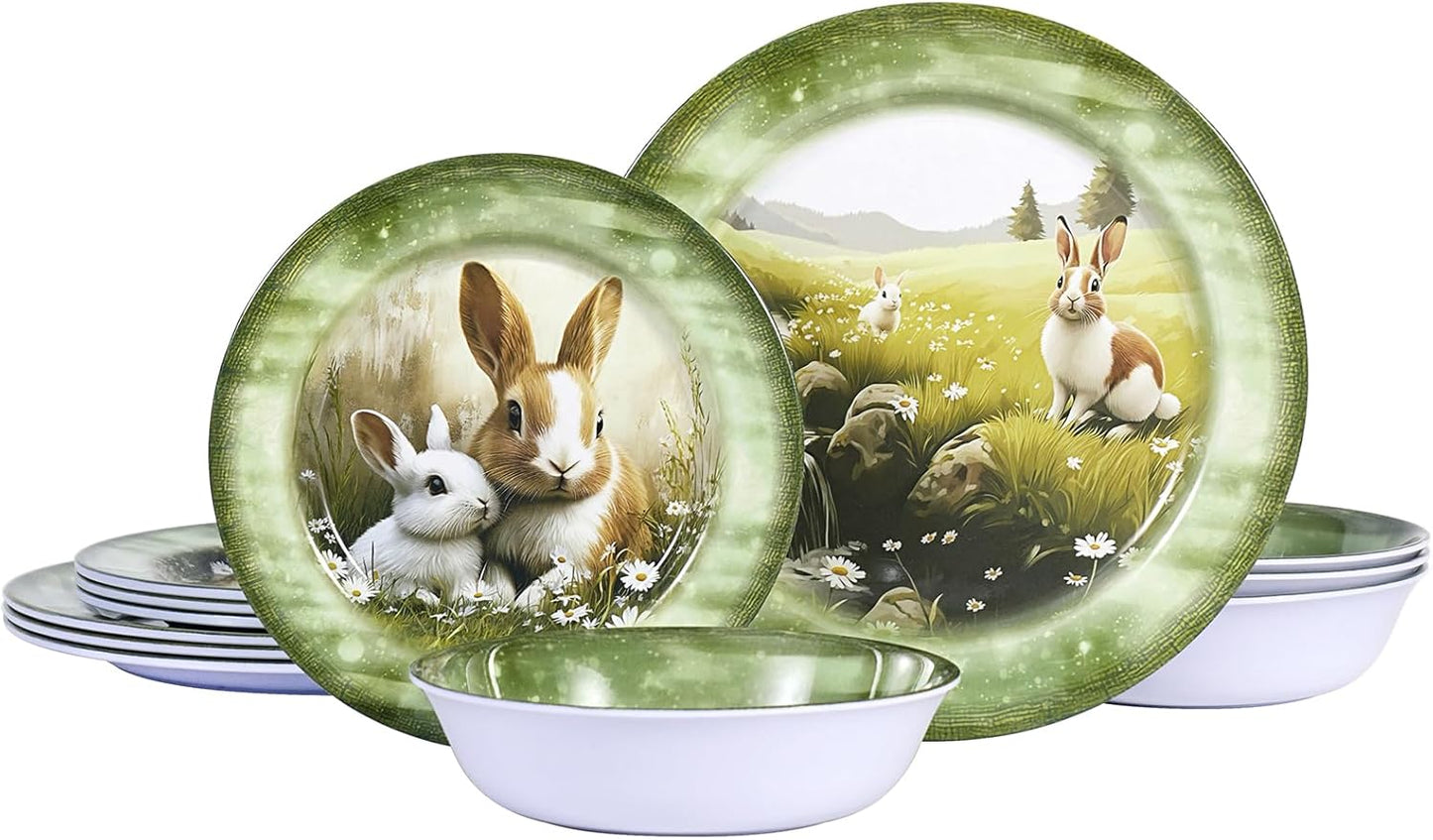 Skiennix 12-Piece Melamine Dinnerware Set - Lightweight Green Plates & Bowls for 4 | Shatterproof & Durable for Outdoor Use