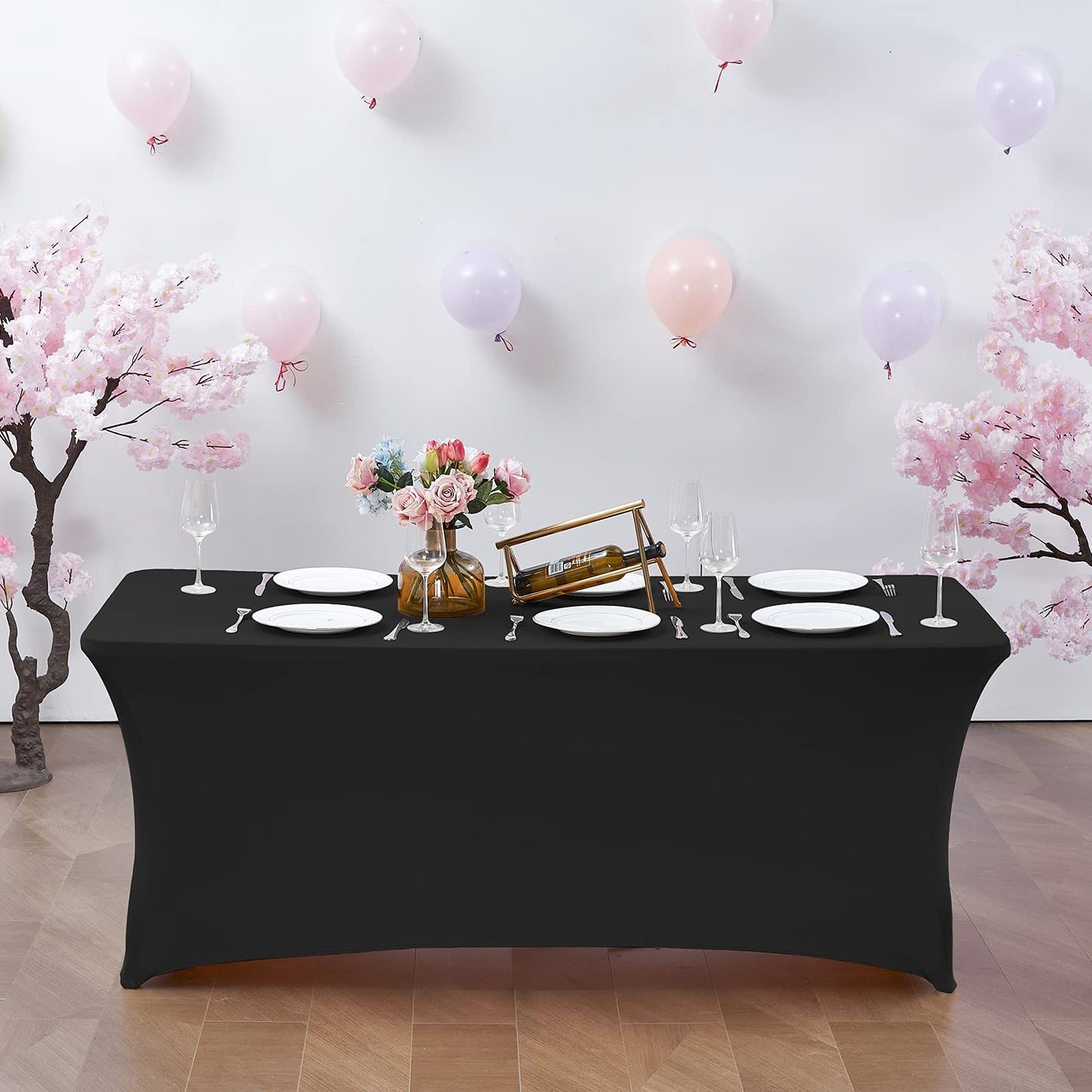 CWK 6FT 2Pcs Stretch Spandex Table Cover for Rectangular Tables - Elastic Fitted Tablecloth for Folding Tables, Wrinkle Resistant, Durable Table Protector for Parties,Weddings,Banquets &Events (Black)