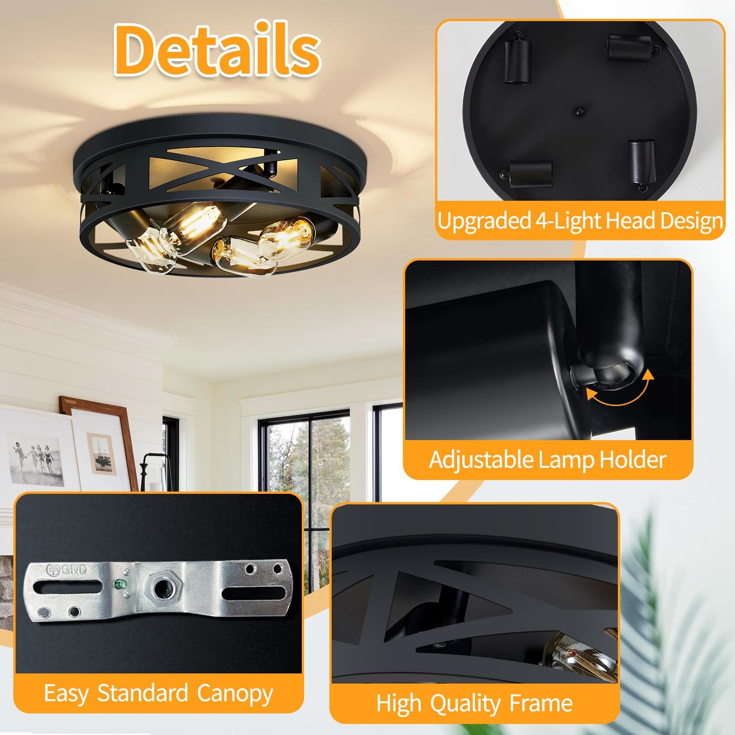 ZHU YAN Flush Mount 4-Light Ceiling Light Fixture for Hallway, Kitchen, Entryway - Black, E26 Base (2 Pack)