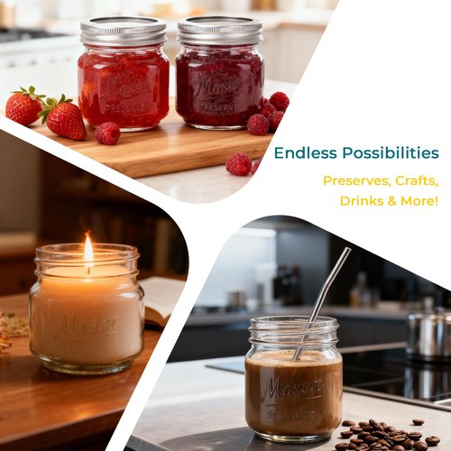 CycleMore 8oz 12 Pack Mason Jars with Silver Metal Lids, Embossed Design Canning Jars, Clear Glass Storage Jars for for Gifts, Jam, Pickling, Crafts, Wedding Favors & Home Decor