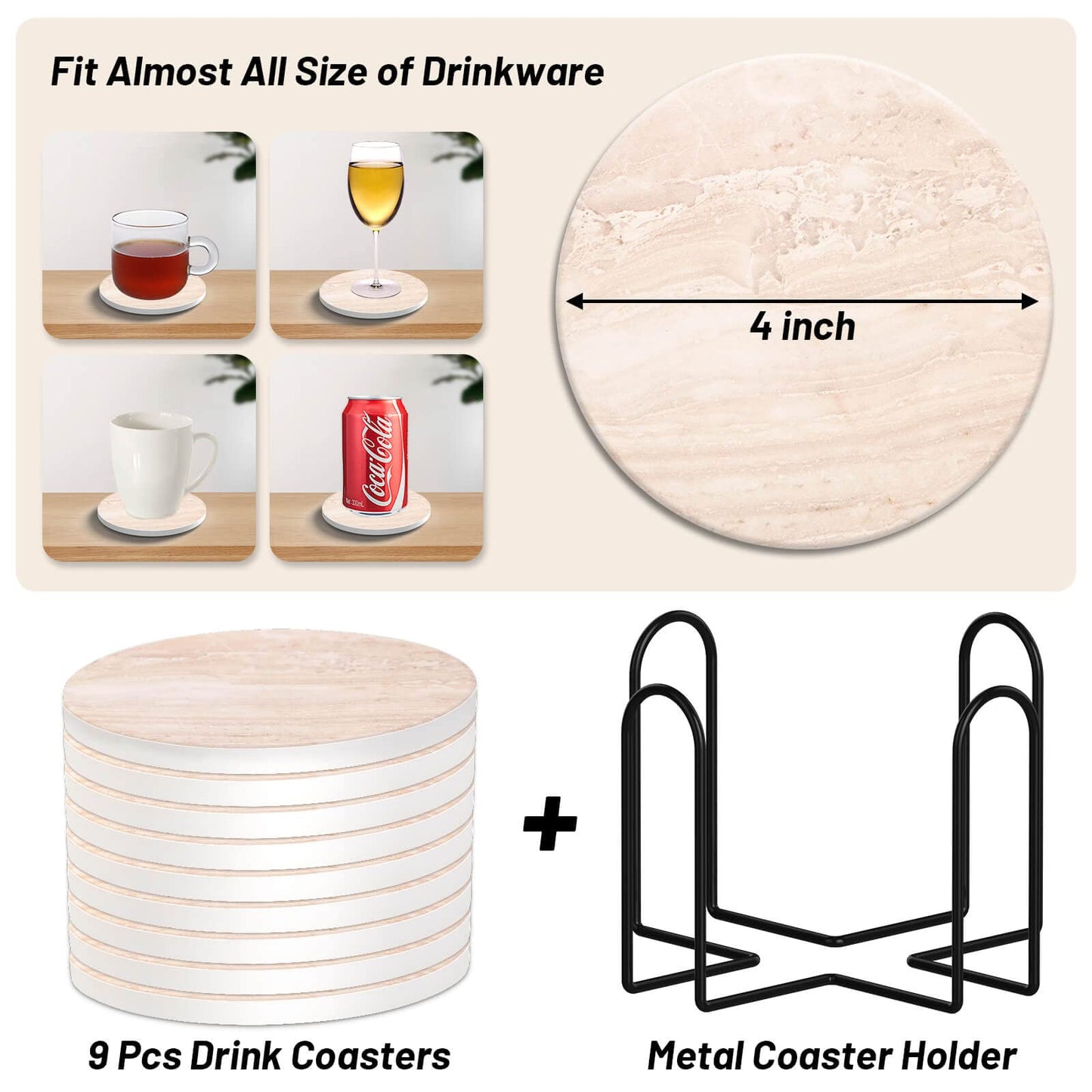 9 Pieces Ceramic Coasters for Coffee Table Absorbent, Billbotk Drink Coasters with Holder, Marble Style Coasters for Wooden Table, Home Decor, Suitable for Kinds of Cups, 4 Inches