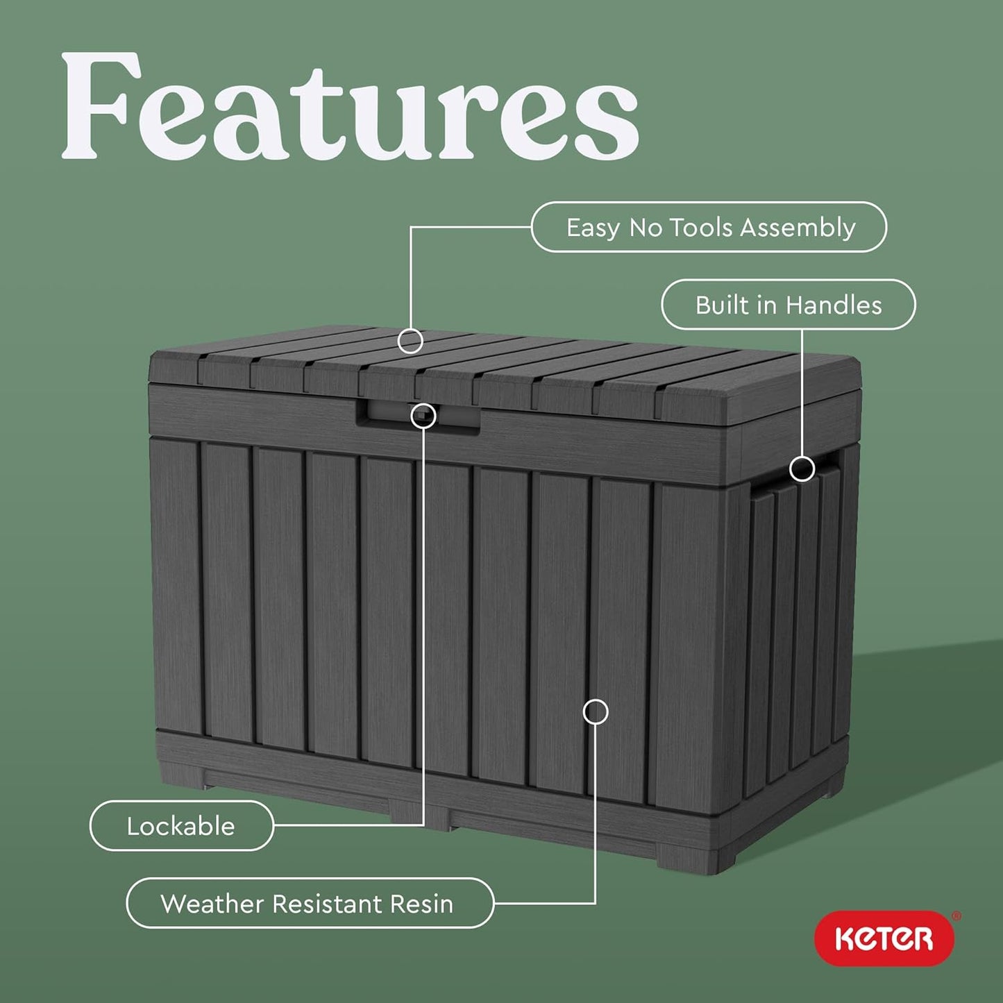 Keter Kentwood 50 Gallon Resin Deck Box - Stylish Storage for Patio Cushions & Garden Tools | Dark Grey
