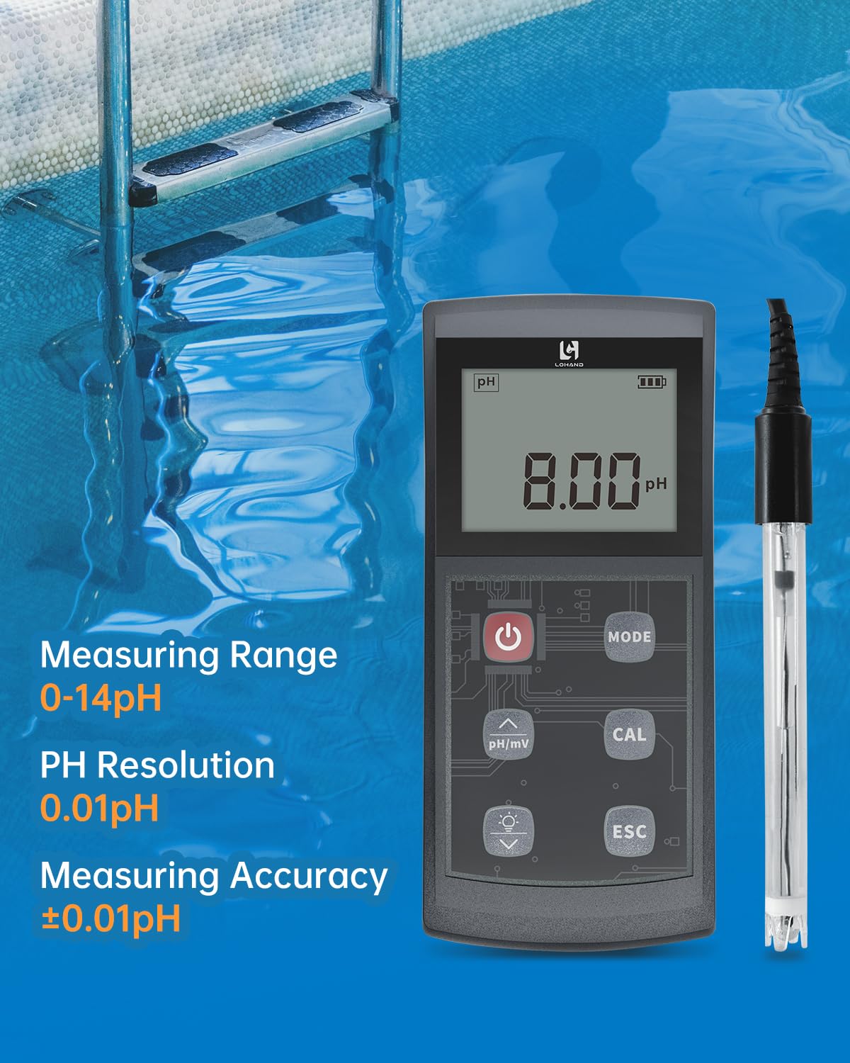 Portable pH Meter, High Accuracy, Large Backlight Display, pH Tester with ATC, Digital pH Meter for Drinking Water/Lab/Pool/Biomedicine/Aquarium, 0-14 Measurement Range