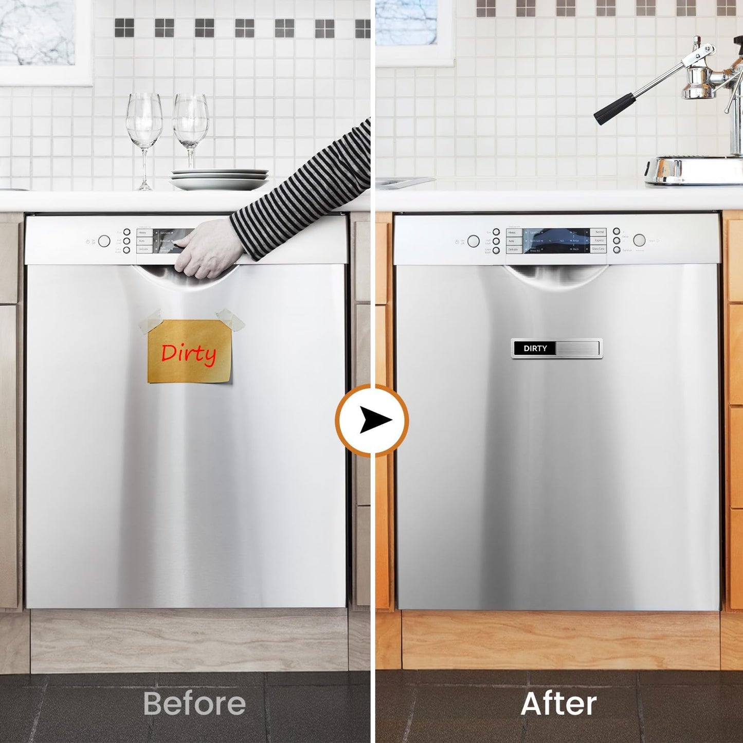Dishwasher Magnet Clean Dirty Sign Stainless Steel Non-Scratch Strong Magnet Extra Adhesive Options Easy to Slide and Read Tells You Whether Dishes are Clean or Dirty (Grey/White Style)