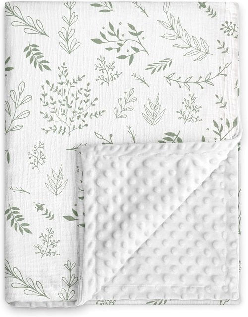 GLLQUEN Baby Blanket - Soft Muslin Cotton Front with Dotted Fleece Backing | Unisex Greenery Design, 30 x 40 Inches