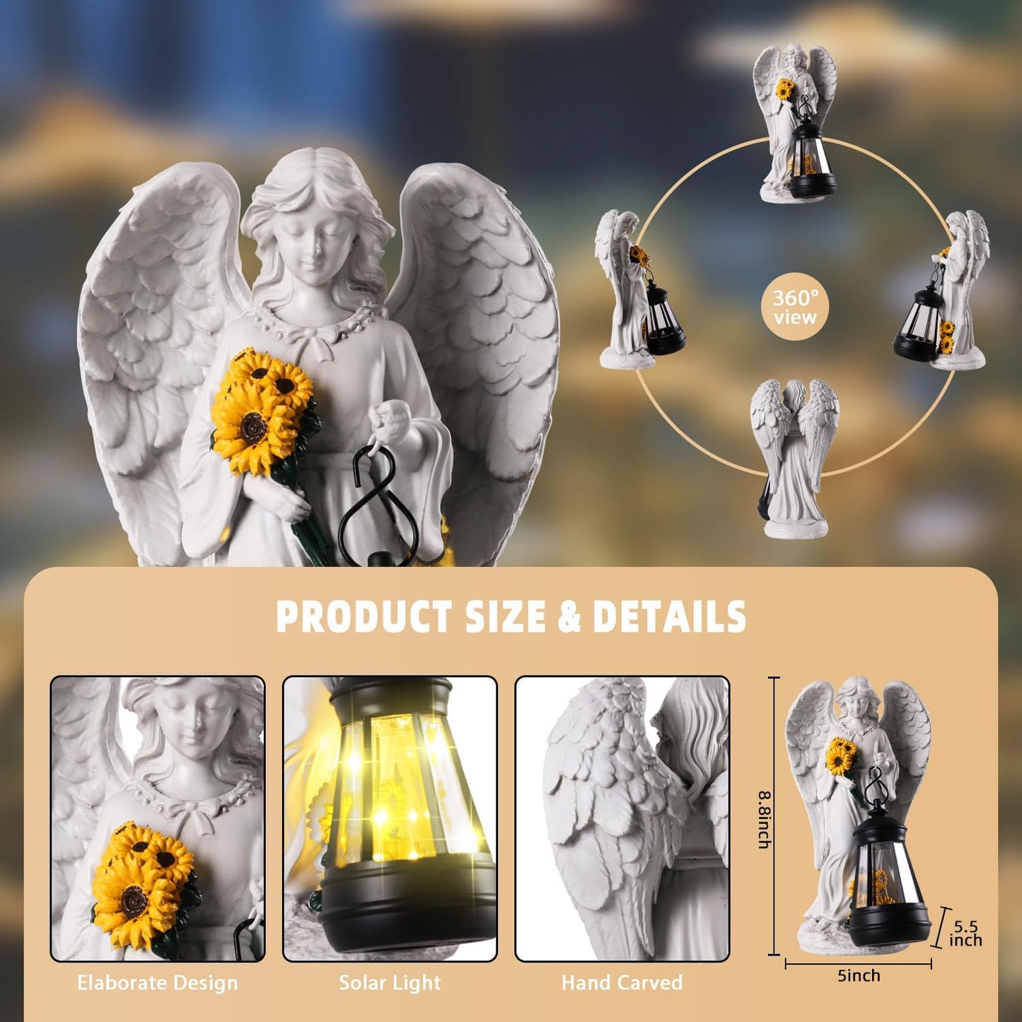 Regine Switzerland Sympathy Gifts | 8.8" Resin Angel Figurine Holding Sunflowers - Waterproof Cemetery Decor
