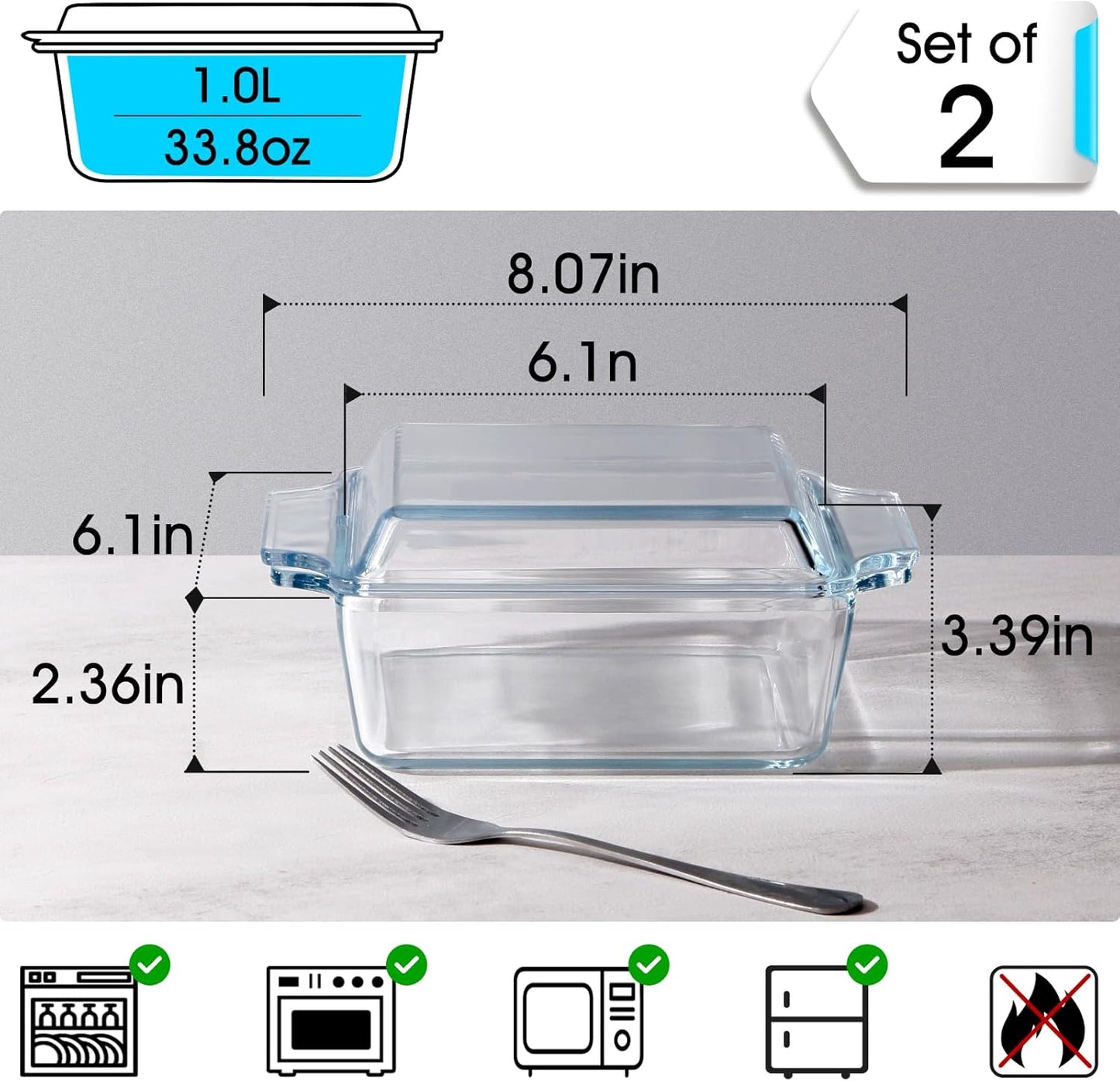 Regine Switzerland Glass Casserole Dish Set - Oven Safe Mini Square 6in x 6in with Glass Lid
