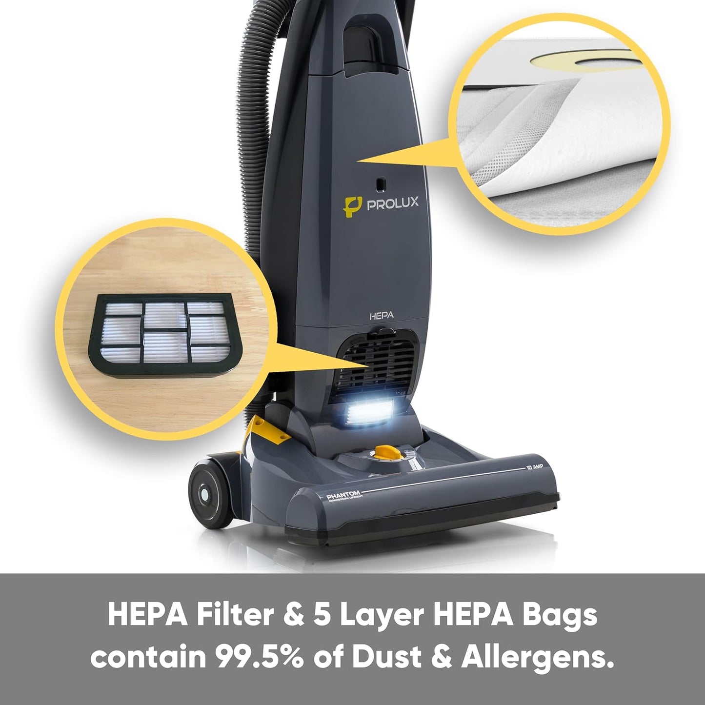 Prolux Phantom Pro Upright Vacuum Cleaner - Lightweight 12lbs with HEPA Filtration & Onboard Tools | Ideal for Commercial Use