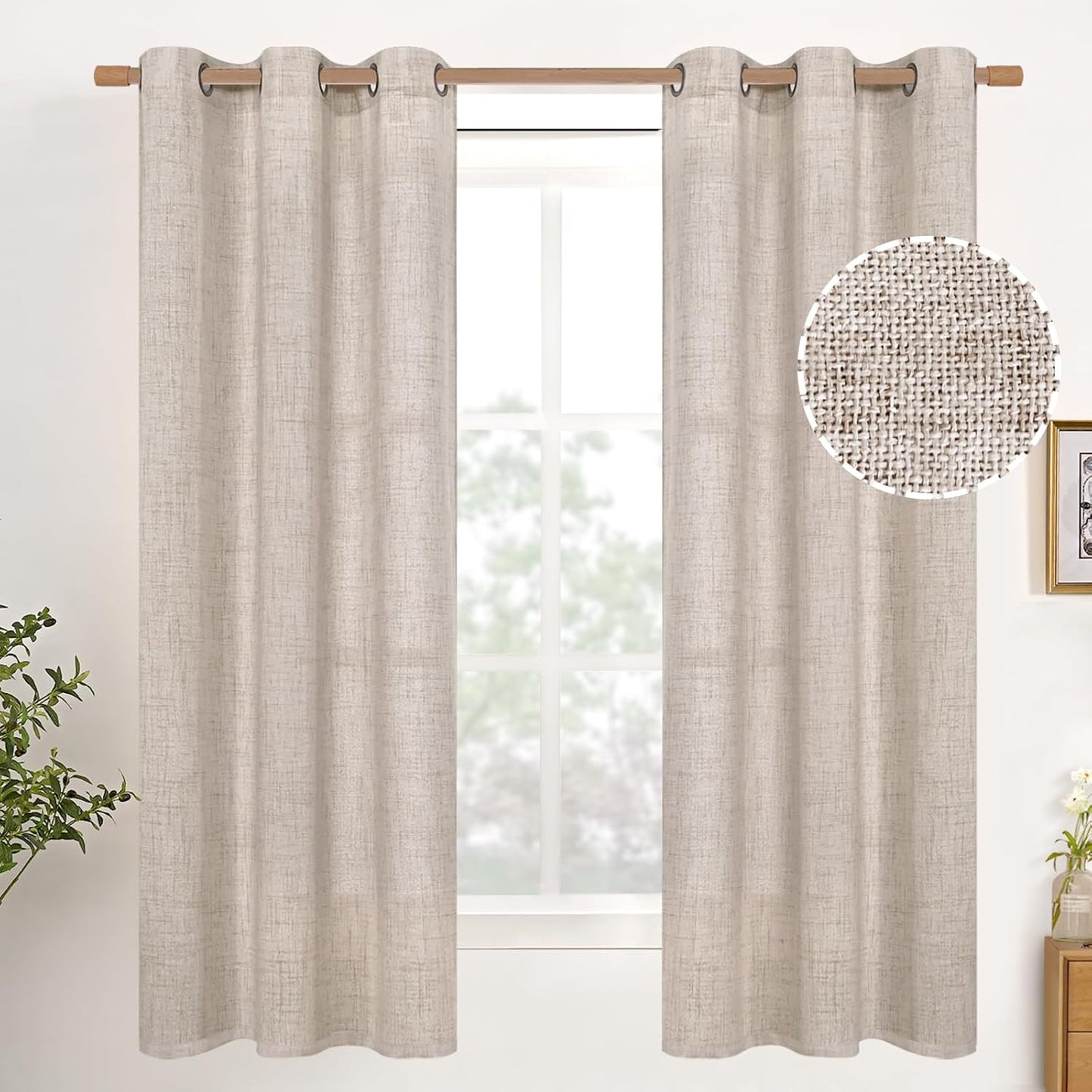 YoungsTex Natural Linen Curtains - 63 Inch Light Filtering Drapes | Beige Semi-Sheer Textured Panels (2 Pack)