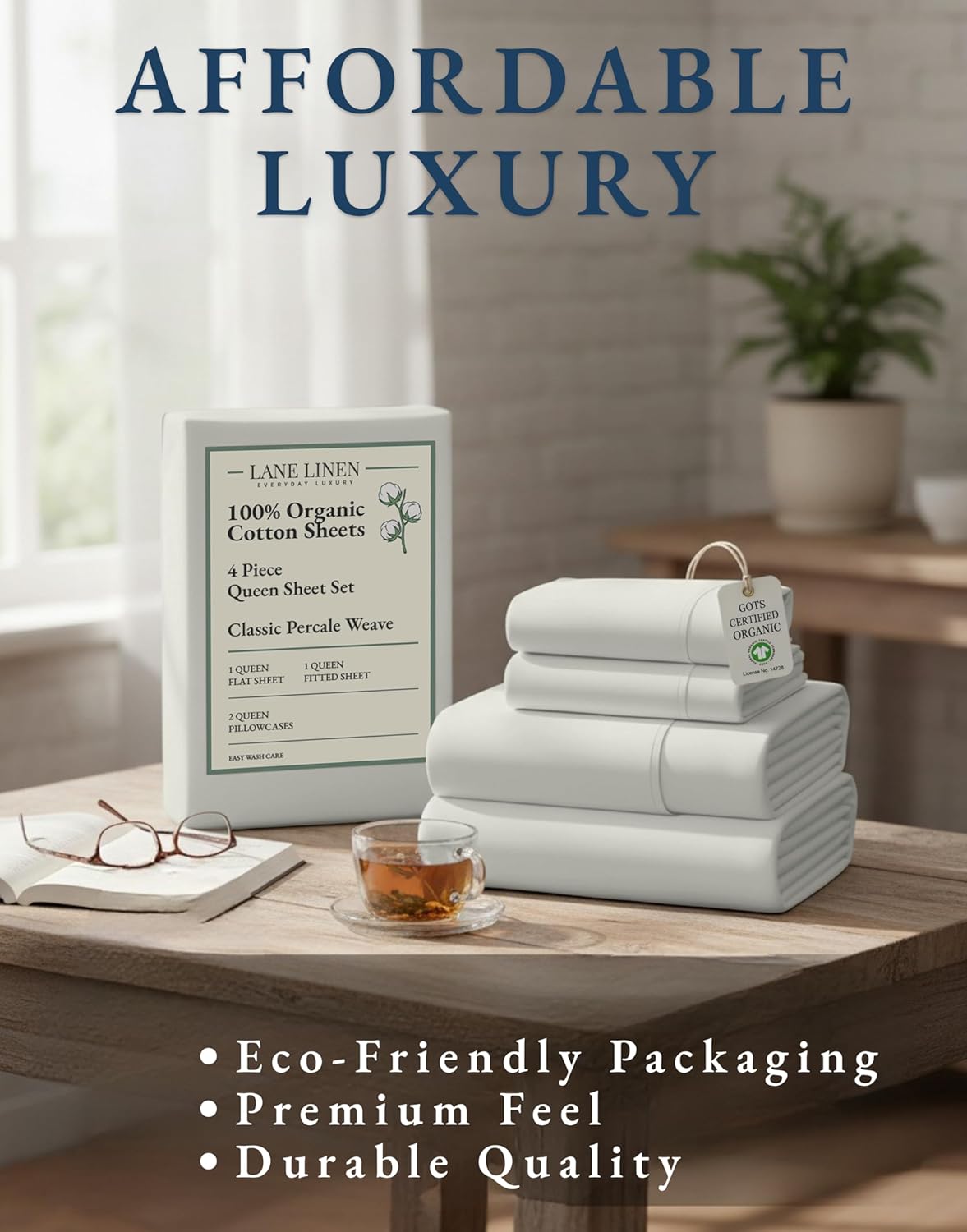 LANE LINEN 100% Organic Cotton Queen Sheet Set - Soft Percale Weave, Deep Pocket, Hotel-Quality | Glacier Grey