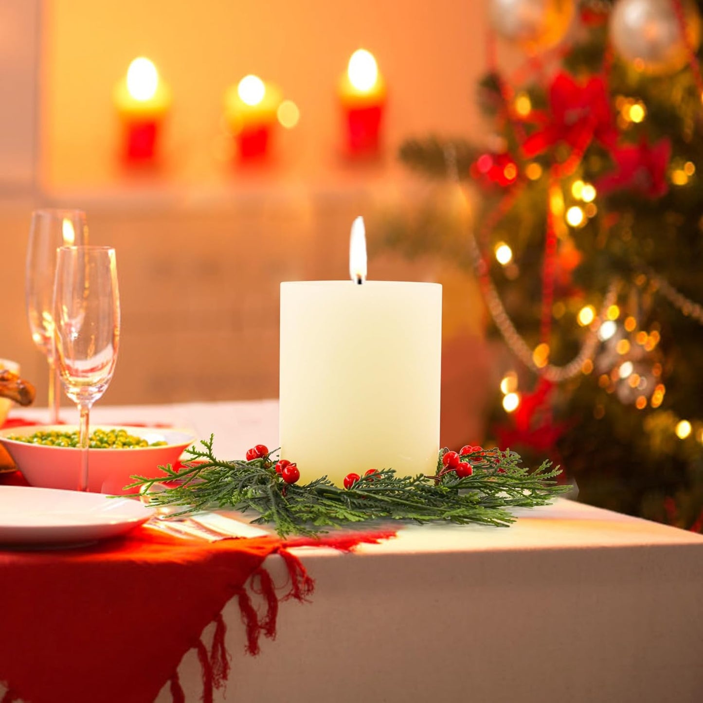 Skiennix Christmas Candle Rings - 4 PCS Artificial Berries & Pine Needles Wreaths for Home Decor
