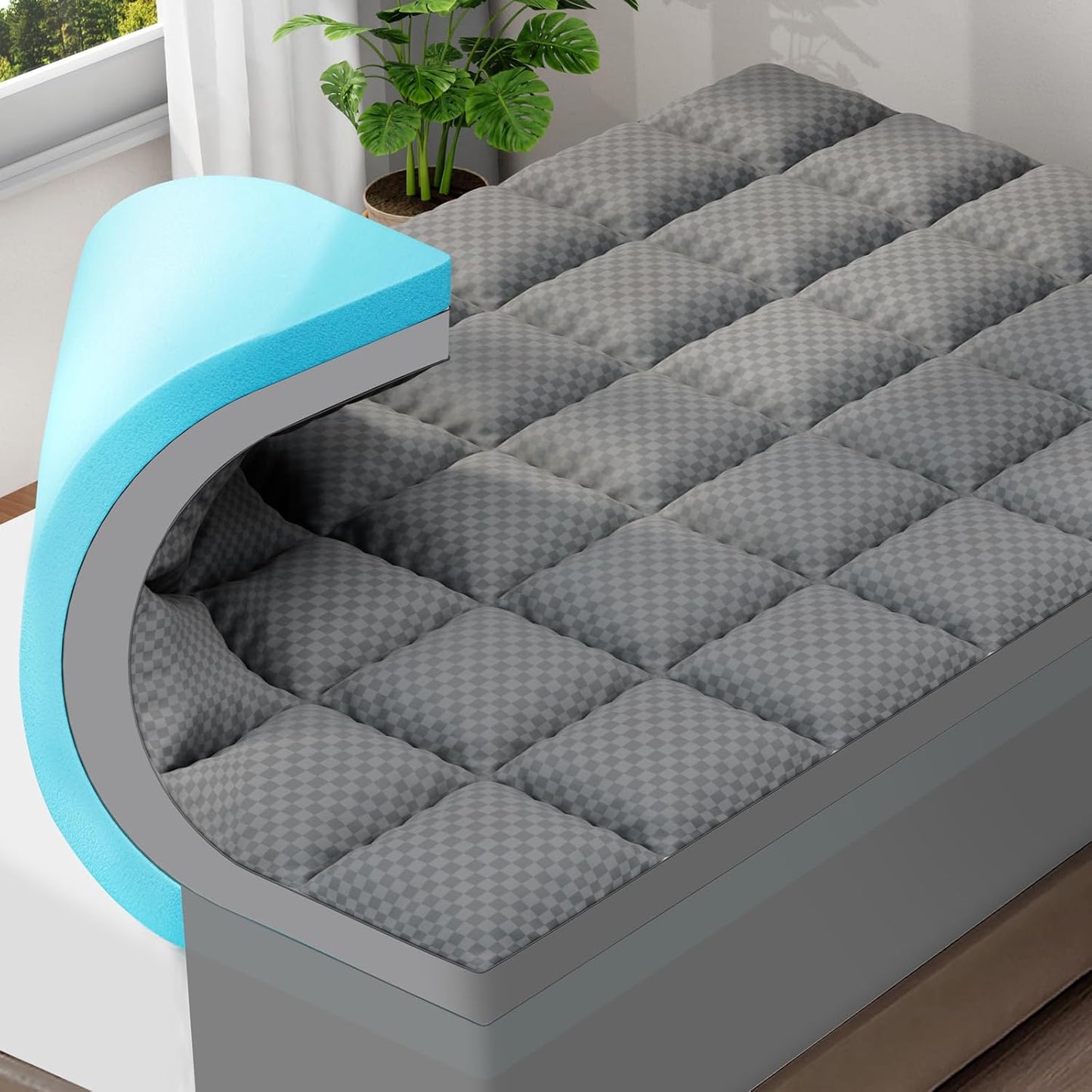 OLANLY Queen Size Memory Foam Mattress Topper - Dual-Layer 4 Inch Cooling Pillow Top & Gel Foam, Grey