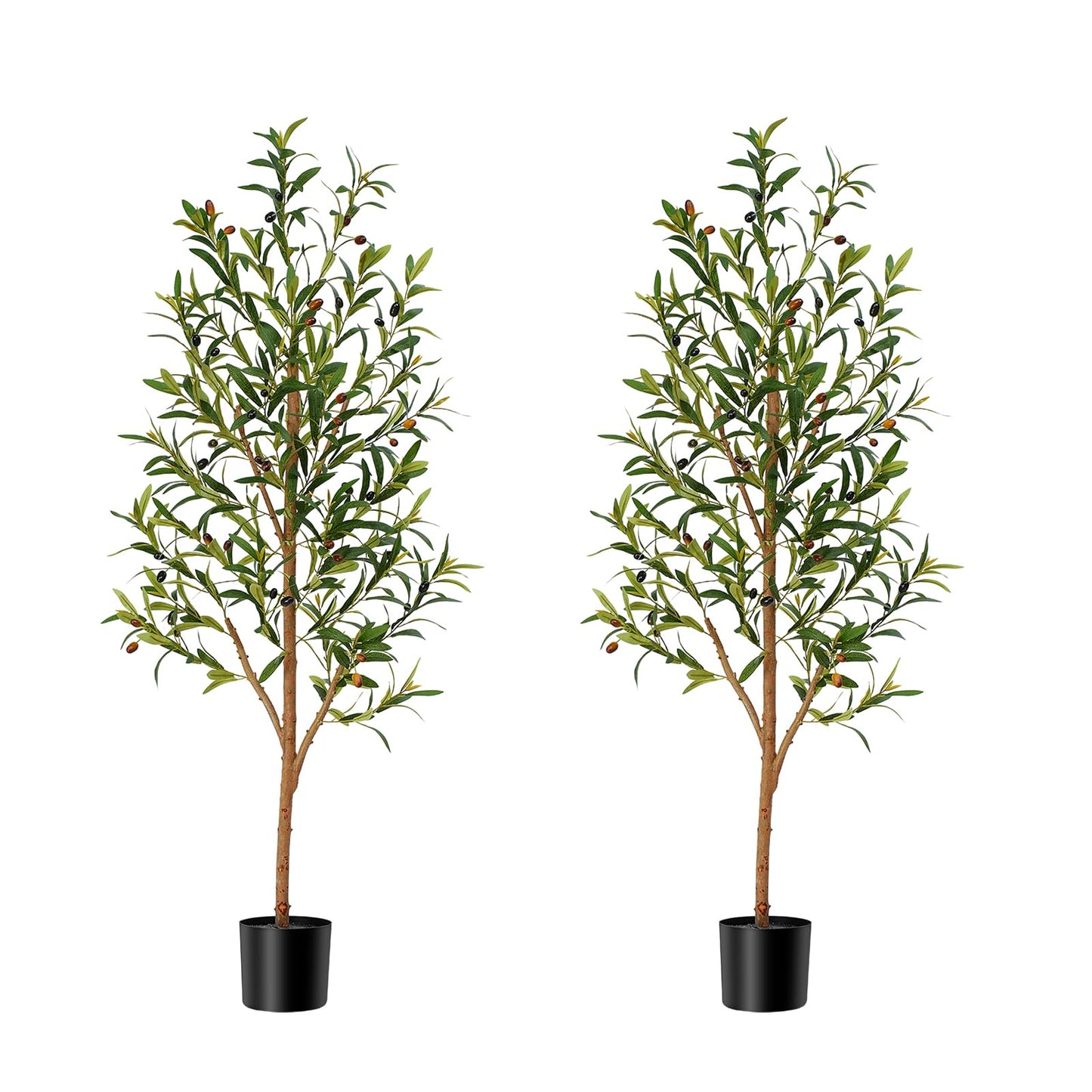 Keeplush 5ft Artificial Olive Tree, Fake Olive Tree with 420 Lifelike Olive Leaves and 30 Fruits, Faux Olive Silk Plants with Natural Wood Trunk in Pot for Living Room Bedroom Office Decor 2packs