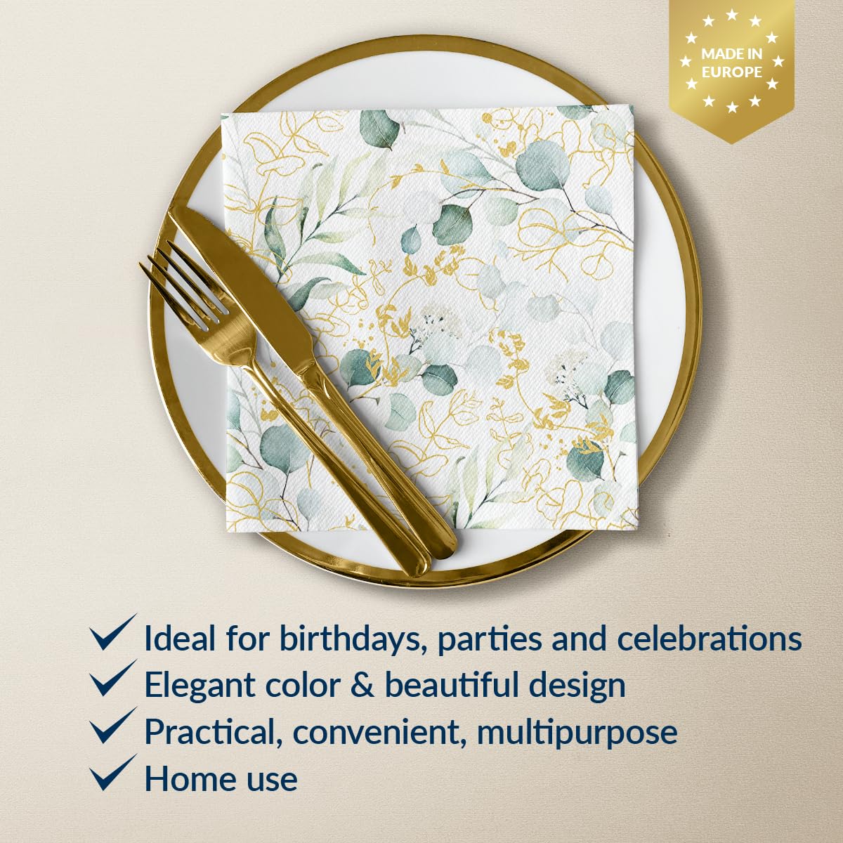 PAW - 50 Pieces Airlaid Paper Linen-Feel Napkins 16" x 16", Disposable Cloth-Like Napkins with Eucalyptus Design, Dinner Napkins for Kitchen, Party, Wedding, Barbecue, Picnic