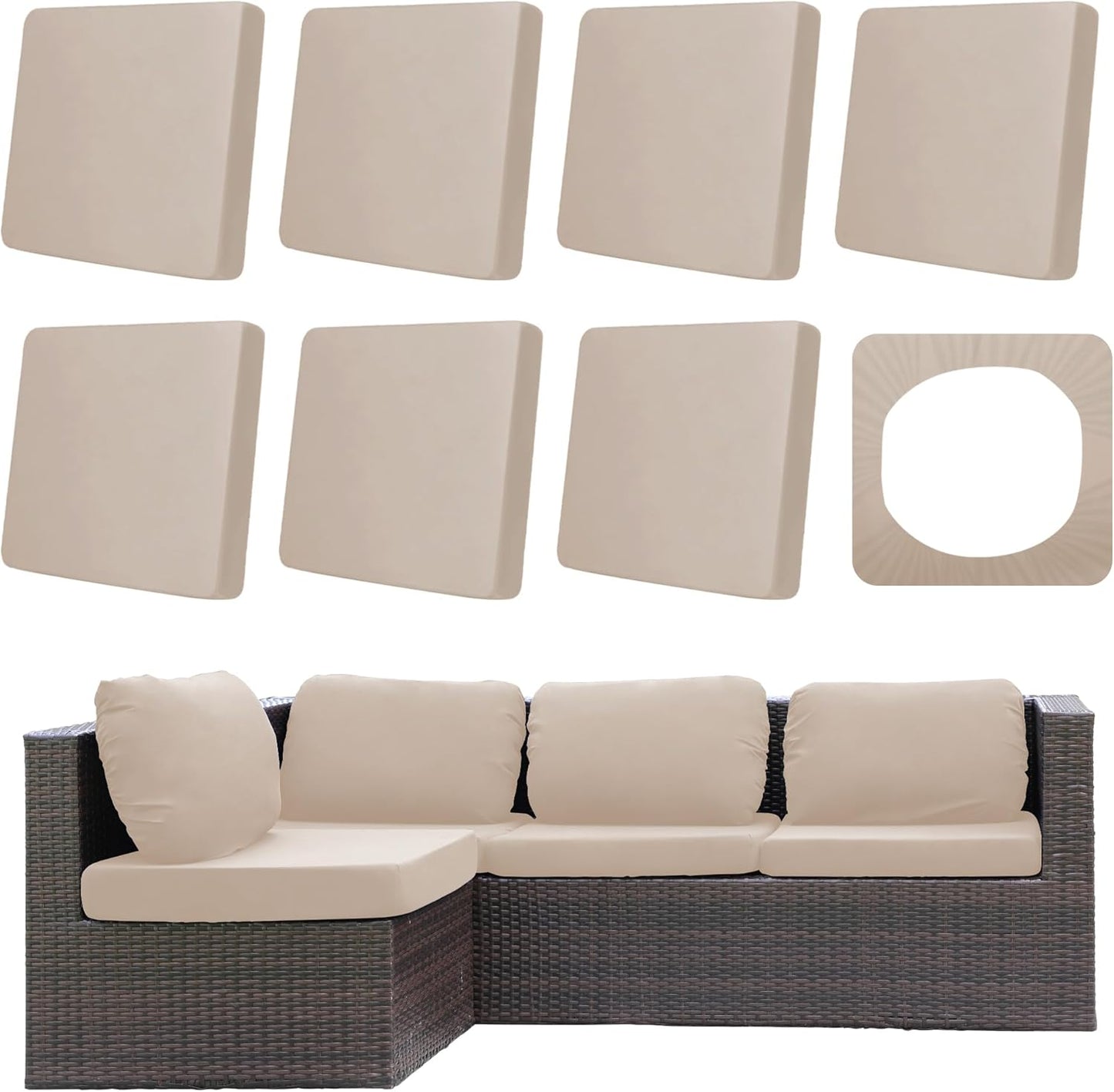 Skiennix Outdoor Cushion Covers - Washable & Reusable Stretch Slipcovers for Patio Furniture | Beige, 8 Pcs