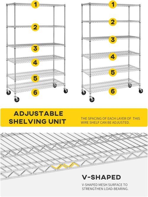 BestOffice 6-Tier Wire Storage Shelves - Heavy-Duty Metal Racks with Wheels | 18x48x78 | Chrome Finish | No-Tool Assembly for Home & Garage