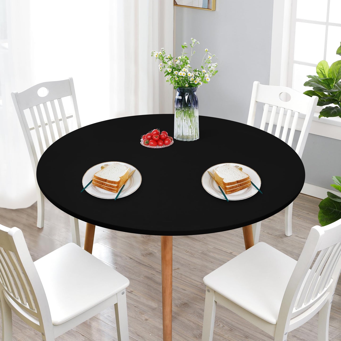 NEWISHER Round Fitted Table Cover Spandex Stretch Tablecloth Black Table Top Cover with Elastic Edged for Dining Picnic Patio 60 inch