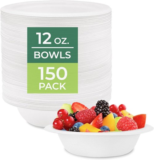 Freshware Paper Bowls - Biodegradable 12 oz. Disposable Soup Bowls | 150-Pack Heavy Duty Bagasse Dinnerware