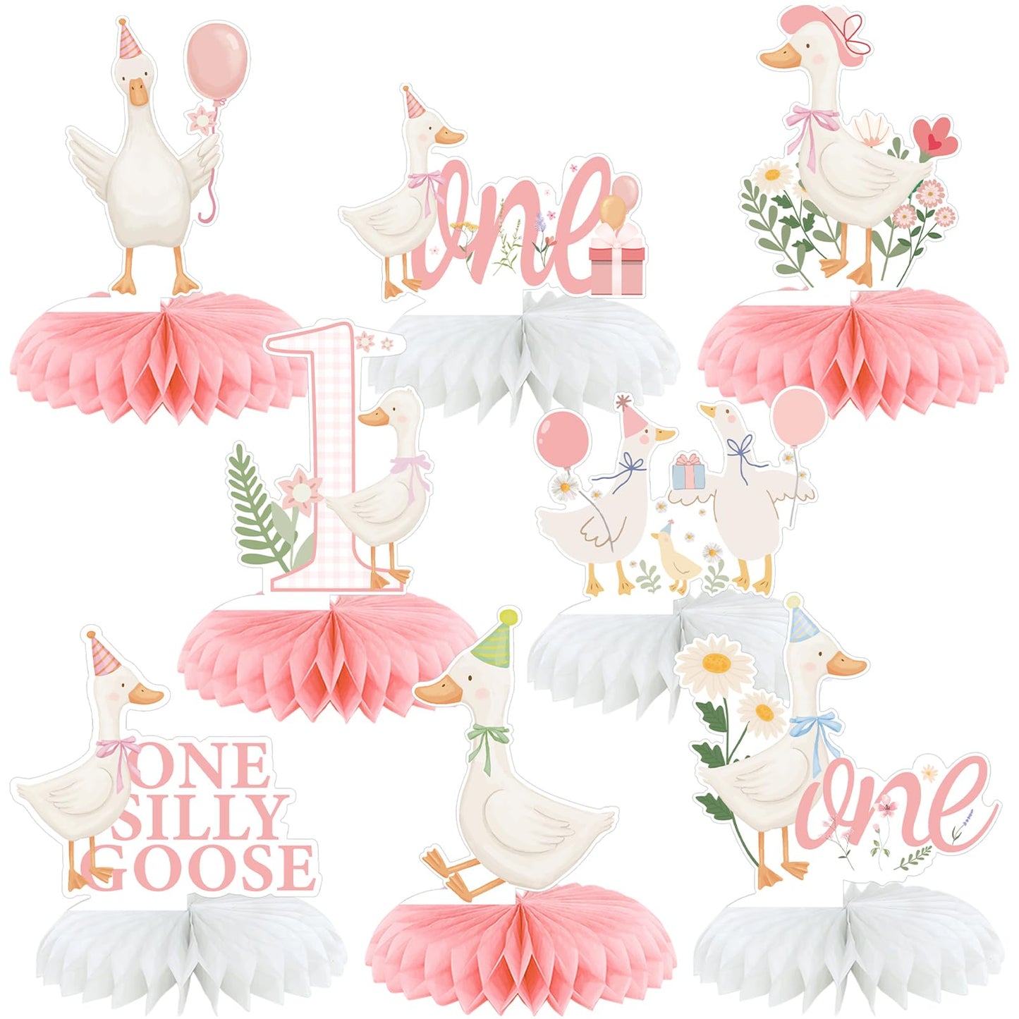 Weekgrat 8 Pcs One Silly Goose Birthday Decorations Silly Goose Birthday Honeycomb Centerpieces Pink 1st Party Supplies for Women Pink Bow Duck Funny Party Supplies