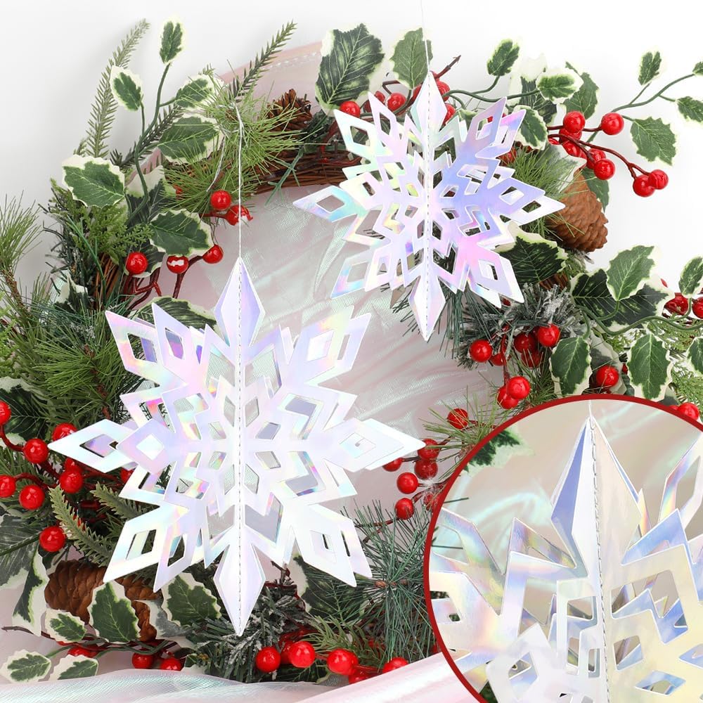 Skiennix 12PCS 3D Christmas Snowflake Decorations - Glittering Holographic Silver Ornaments for Winter Wonderland Decor