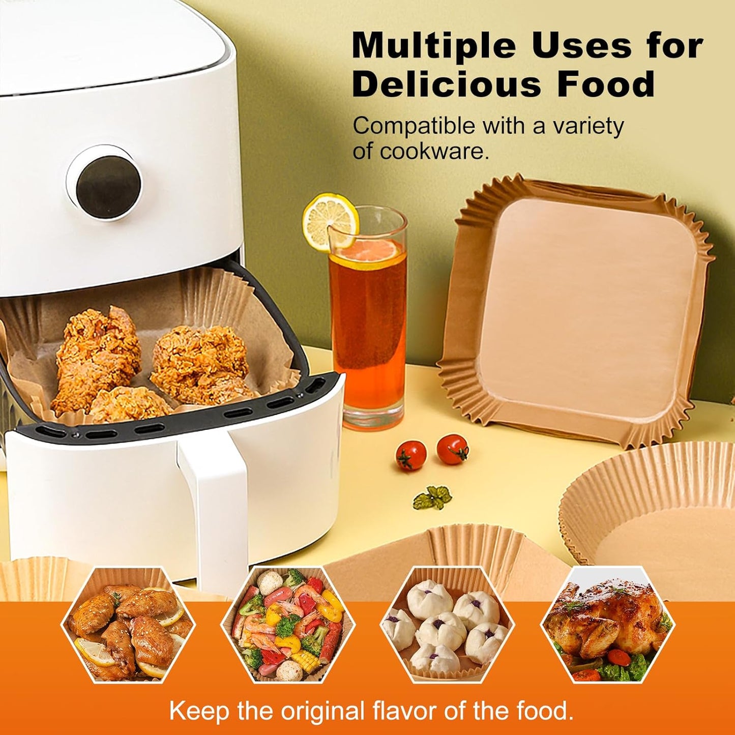 Air Fryer Liners | 200 Pcs Unbleached Parchment Paper, Non-Stick & Waterproof for 5-8 QT Baskets