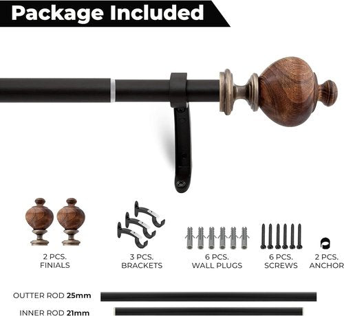 DECO WINDOW Heavy-Duty Curtain Rod - Adjustable 44-120 Inch Metal Drapery Rod with Decorative Wood Finials | Brown Matte