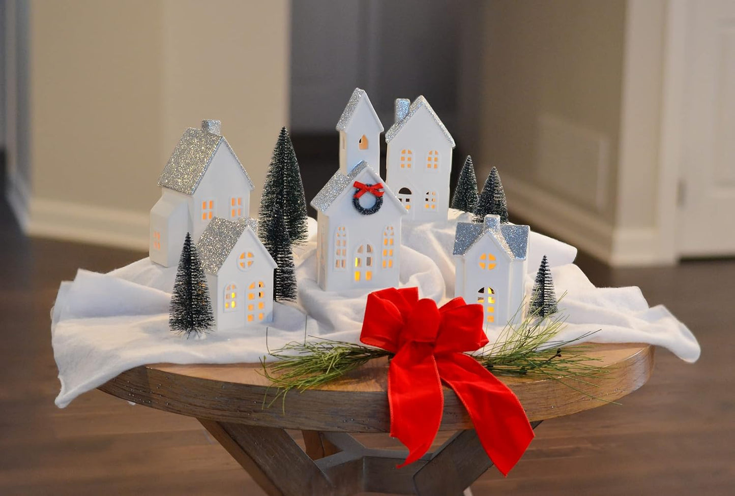 Mark Feldstein & Associates Silver Rooftopped Village - 16-Piece LED Holiday Figurine Set, 11 Inch