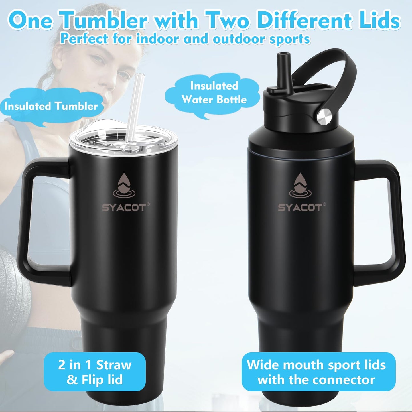 40 oz Tumbler with Handle and Straw or Convert to 40 oz Insulated Water Bottle Fits in Cup Holder. Stainless Steel Metal Water Flask with 2 Lids for Travel,Camping,Gym Sports Coffee Mug Thermal Cup