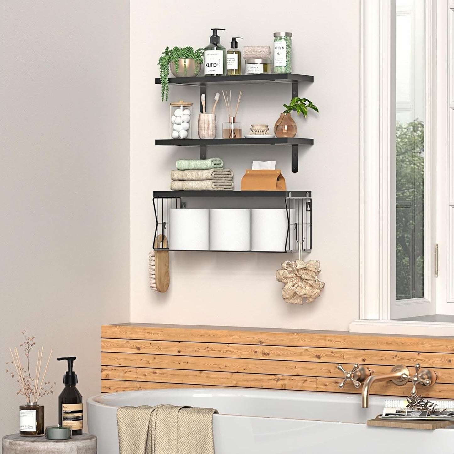 Regine Switzerland Floating Bathroom Shelves - Set of 3 Wall-Mounted Wooden Shelves for Modern Decor | Ideal Over-Toilet Storage in Black