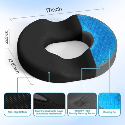 Donut Pillow Seat Cushion - Cooling Gel Outdoor Chair Cushions, Memory Foam Seat Cushion for Office & Home, Car Seat and Patio Furniture Cushions, Hemorrhoids Pillow and Tailbone Pain Relief, Black